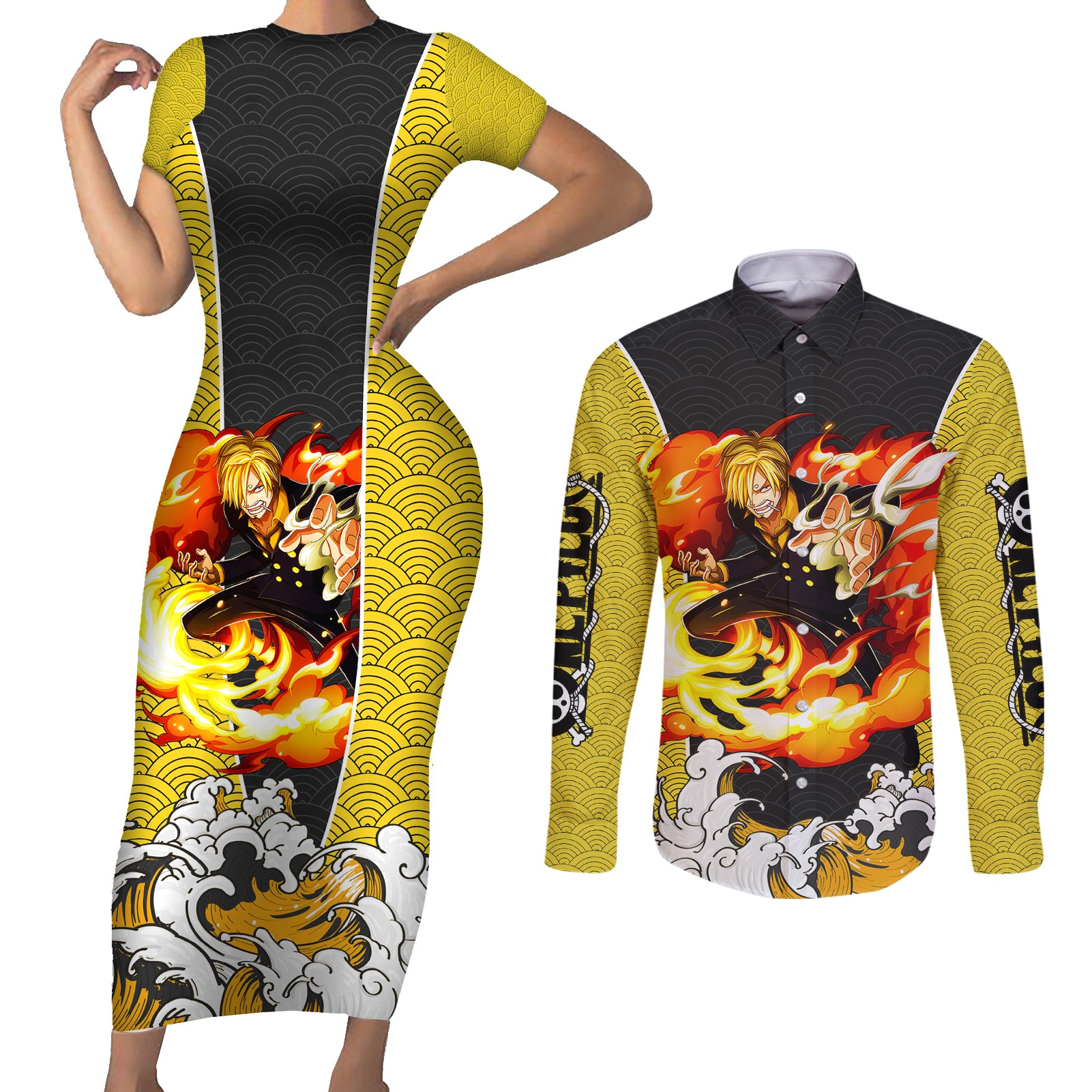 Vinsmoke Sanji - One Piece Couples Matching Short Sleeve Bodycon Dress and Long Sleeve Button Shirt Anime Mix Japan Pattern Style