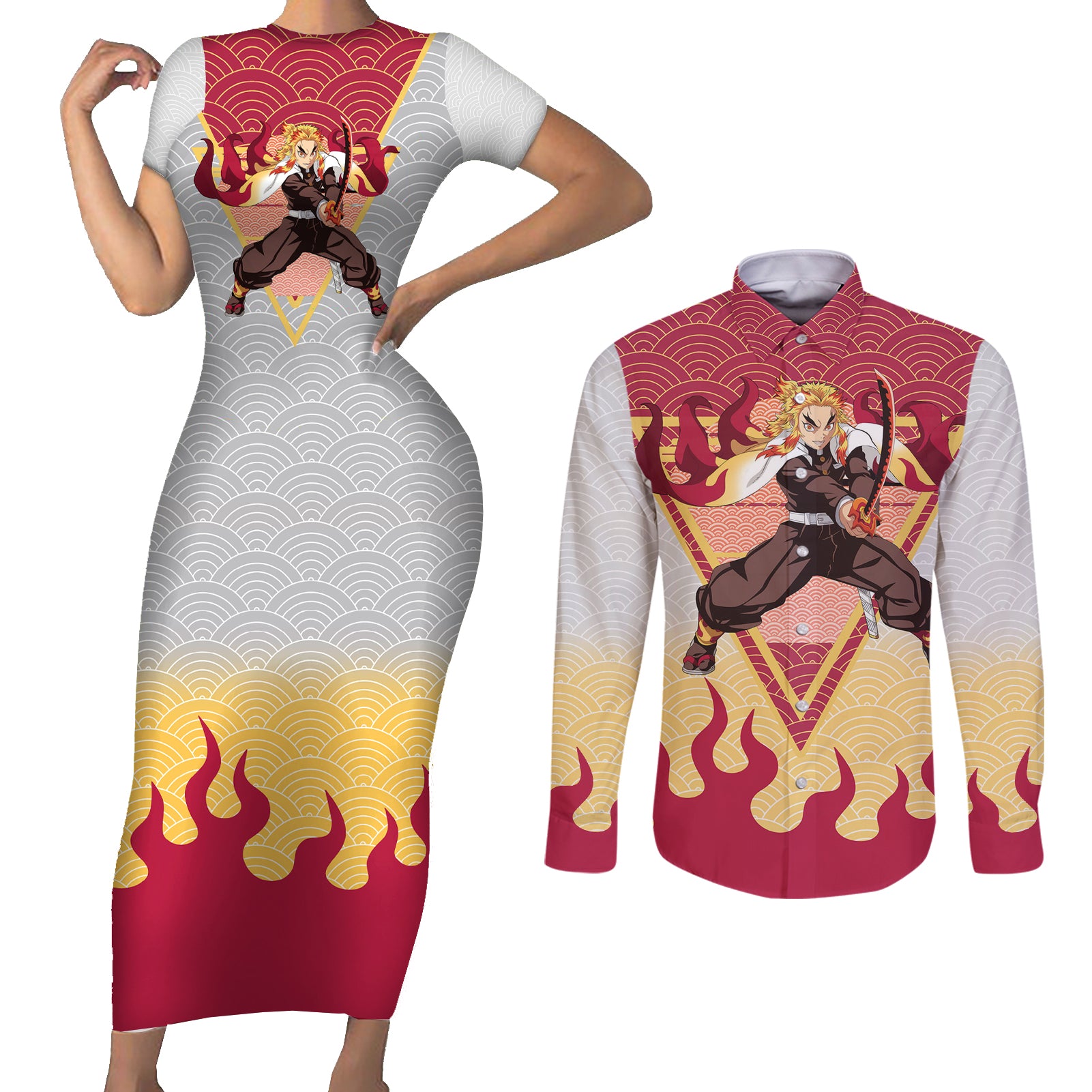 Rengoku Kyoujurou-Demon Slayer Couples Matching Short Sleeve Bodycon Dress and Long Sleeve Button Shirt Anime Mix Japan Pattern Style