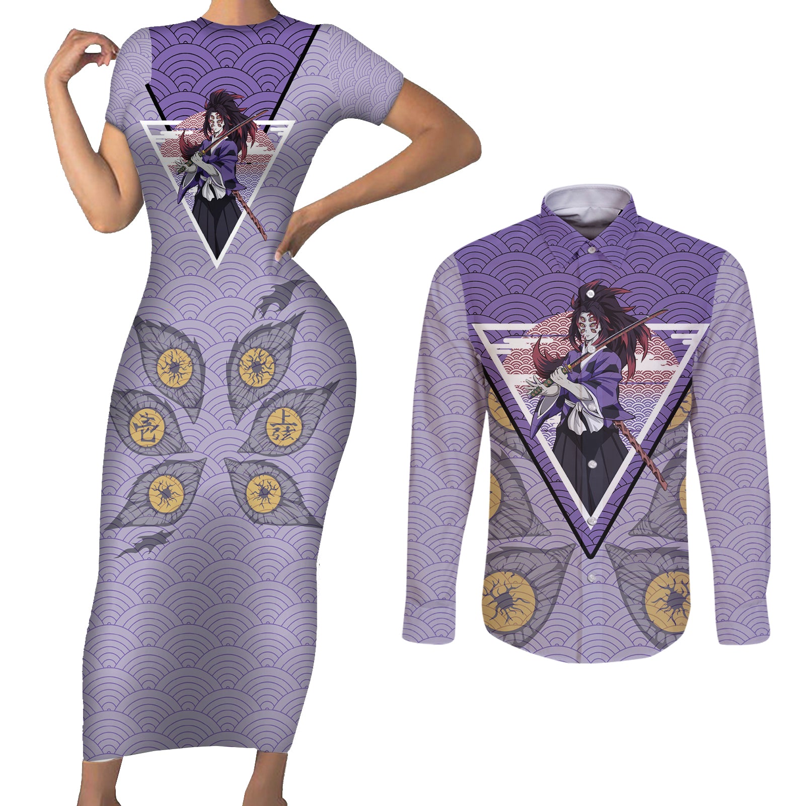 Kokushibo - Demons Slayer Couples Matching Short Sleeve Bodycon Dress and Long Sleeve Button Shirt Anime Mix Japan Pattern Style