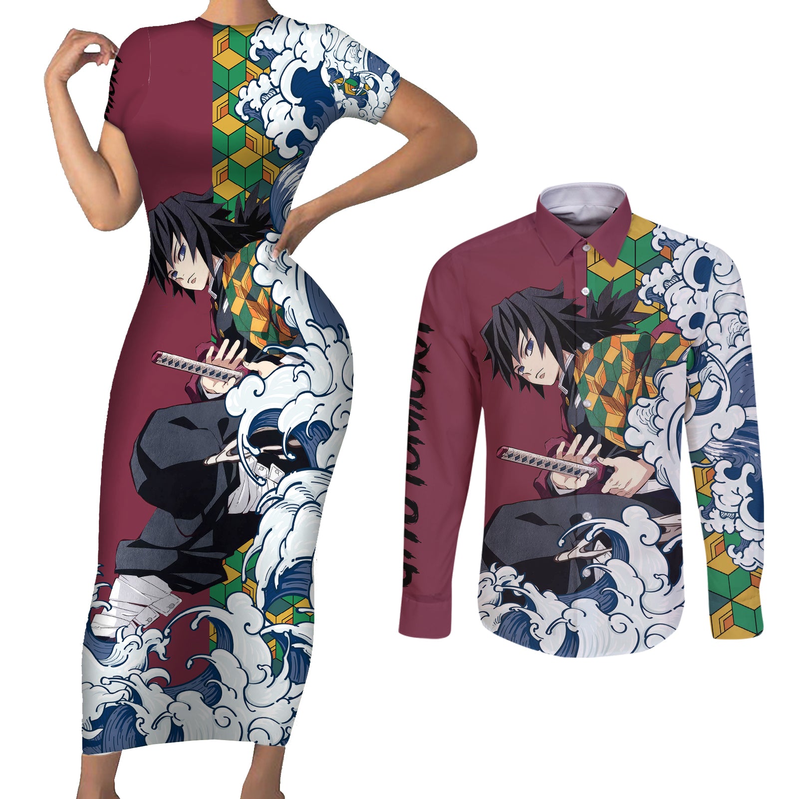 Giyu Tomioka - Demons Slayer Couples Matching Short Sleeve Bodycon Dress and Long Sleeve Button Shirt Anime Mix Japan Pattern Style