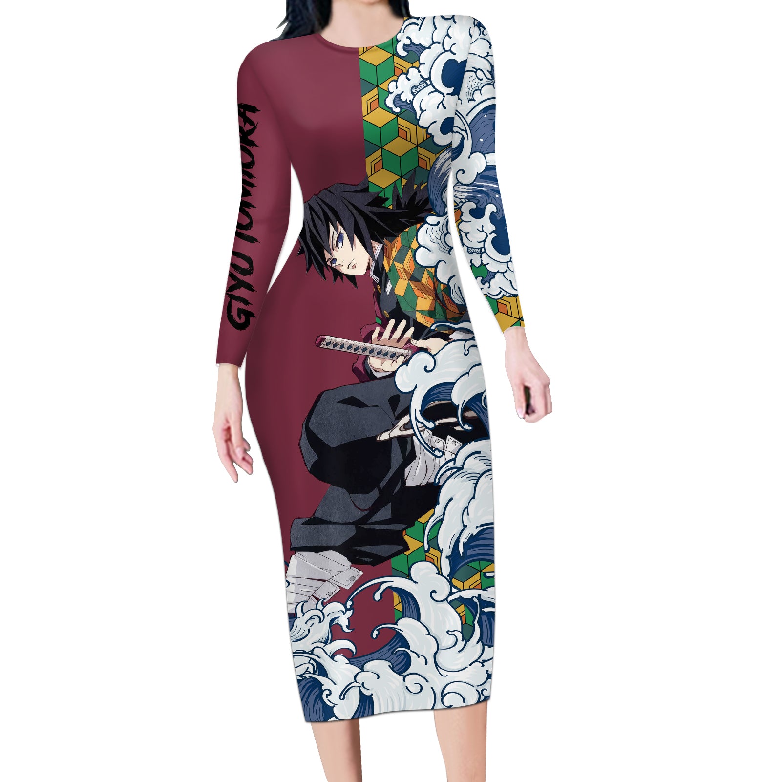 Giyu Tomioka - Demons Slayer Long Sleeve Bodycon Dress Anime Mix Japan Pattern Style
