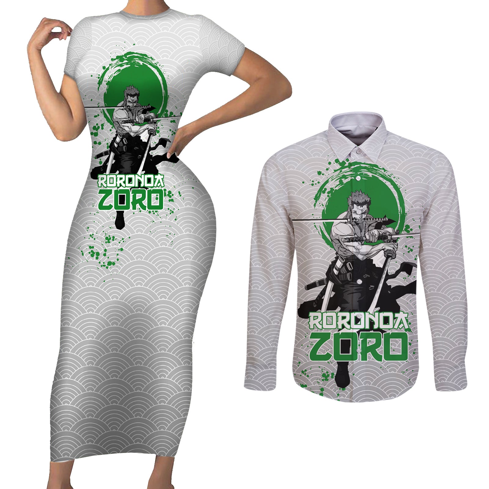 Roronoa Zoro - One Piece Couples Matching Short Sleeve Bodycon Dress and Long Sleeve Button Shirt Anime Mix Japan Pattern Style