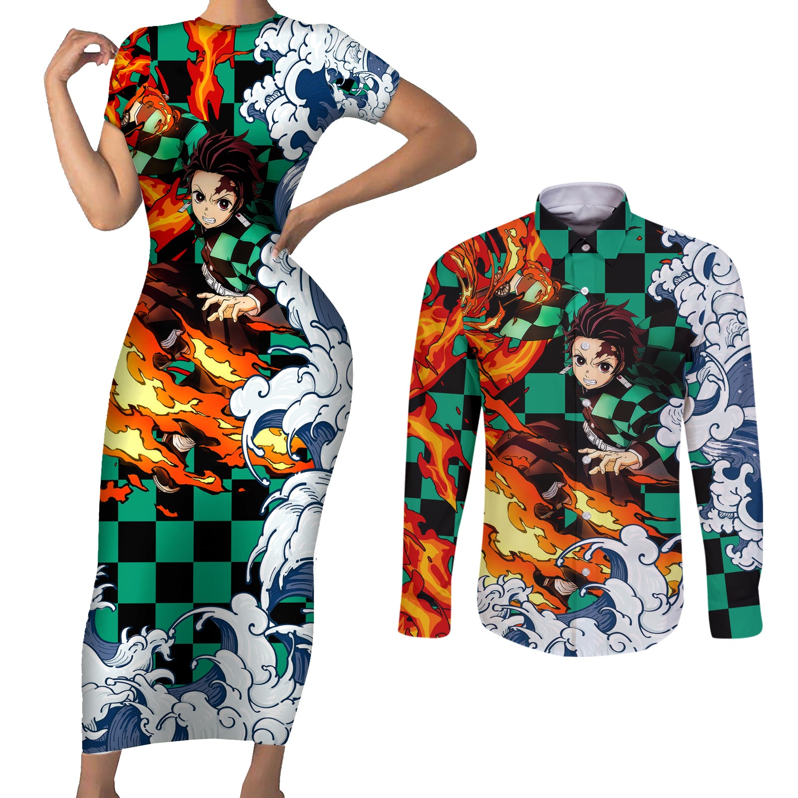 Tanjiro - Demon Slayer Couples Matching Short Sleeve Bodycon Dress and Long Sleeve Button Shirt Anime Mix Japan Pattern Style