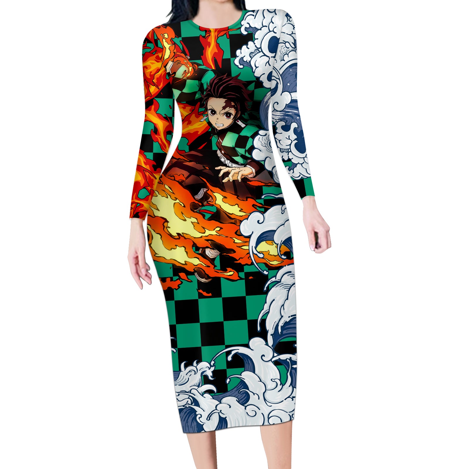 Tanjiro - Demon Slayer Long Sleeve Bodycon Dress Anime Mix Japan Pattern Style