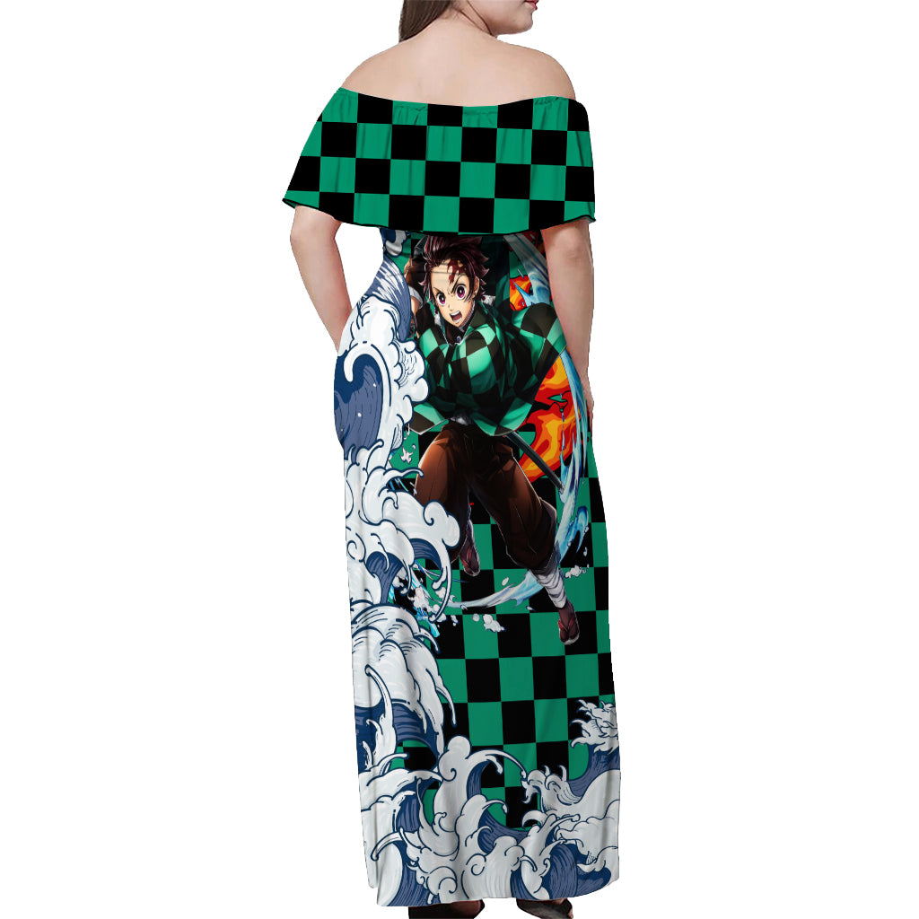 Tanjiro - Demon Slayer Off Shoulder Maxi Dress Anime Mix Japan Pattern Style