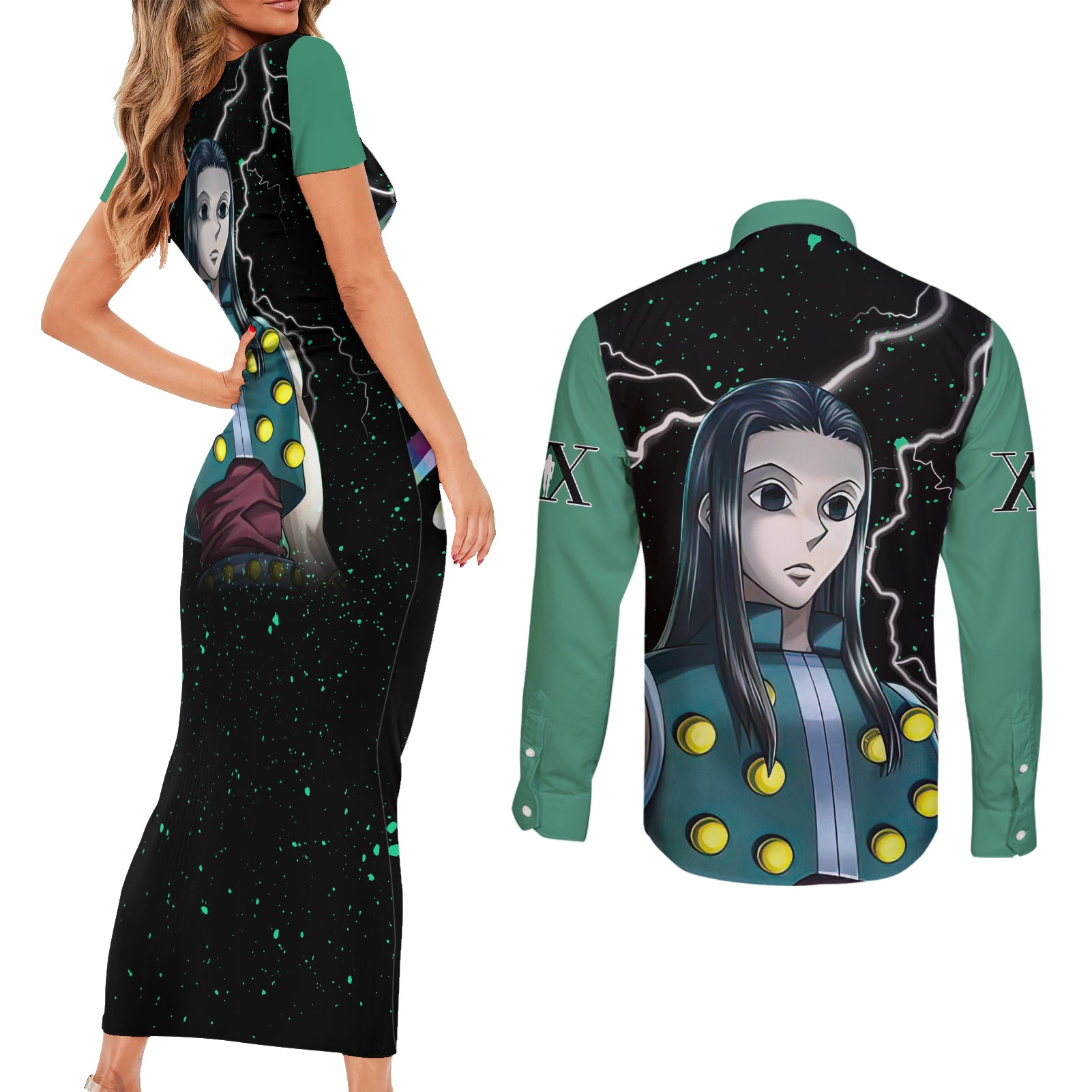 Illumi Zoldyck Couples Matching Short Sleeve Bodycon Dress and Long Sleeve Button Shirt Hunter X Hunter