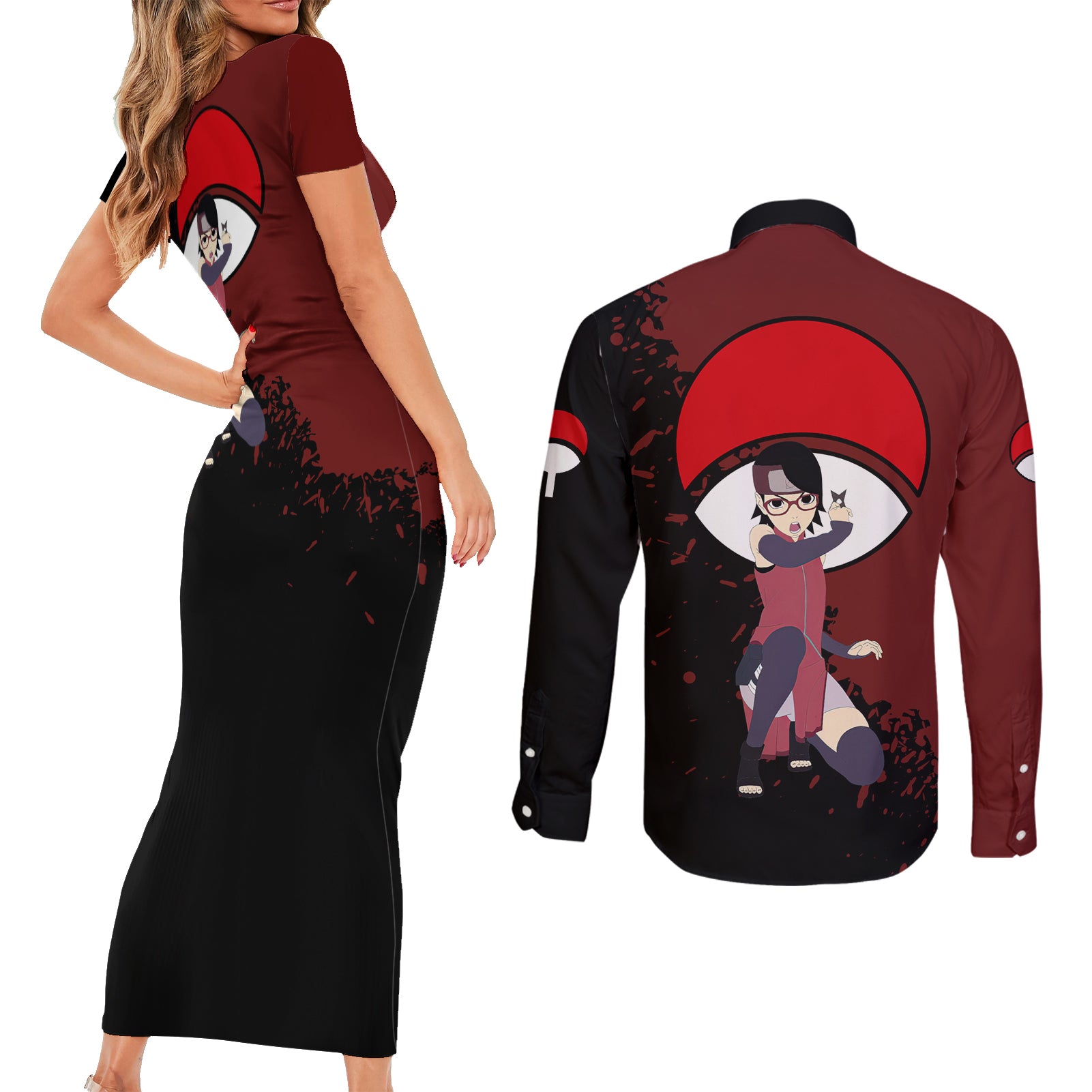 Sarada Uchiha Couples Matching Short Sleeve Bodycon Dress and Long Sleeve Button Shirt Boruto
