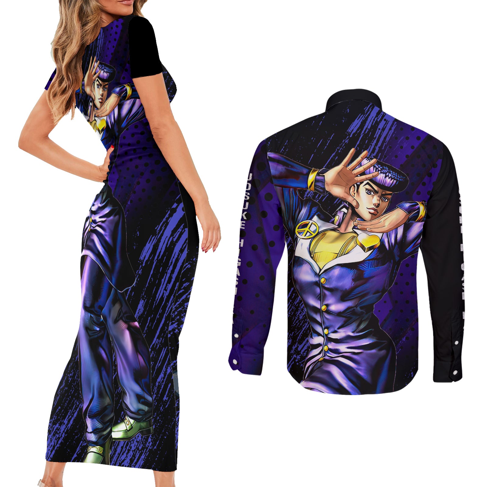 Josuke Higashikata Couples Matching Short Sleeve Bodycon Dress and Long Sleeve Button Shirt JJBAs