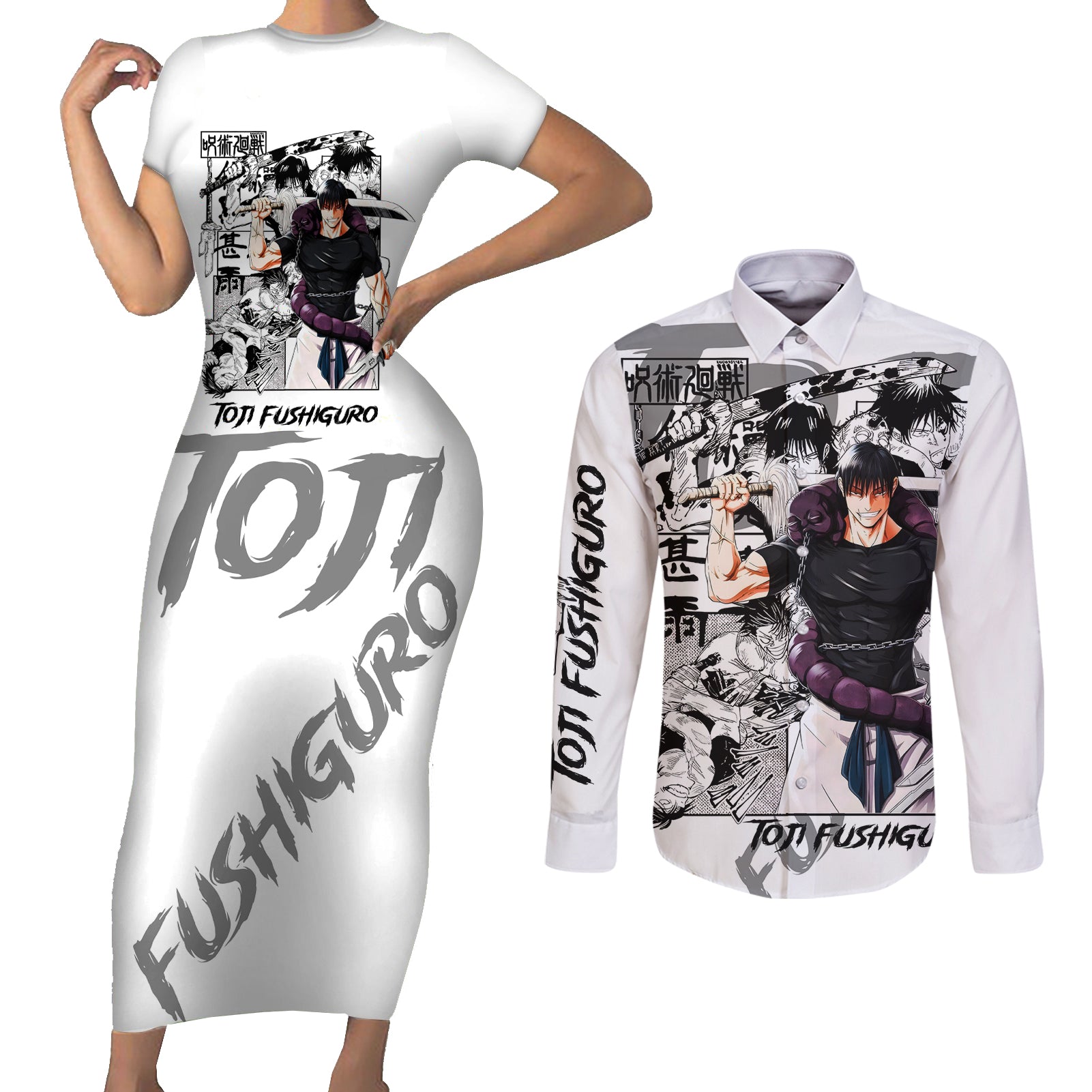 Toji Fushiguro - Jujutsu Kaisen Couples Matching Short Sleeve Bodycon Dress and Long Sleeve Button Shirt Anime Mix Manga Style