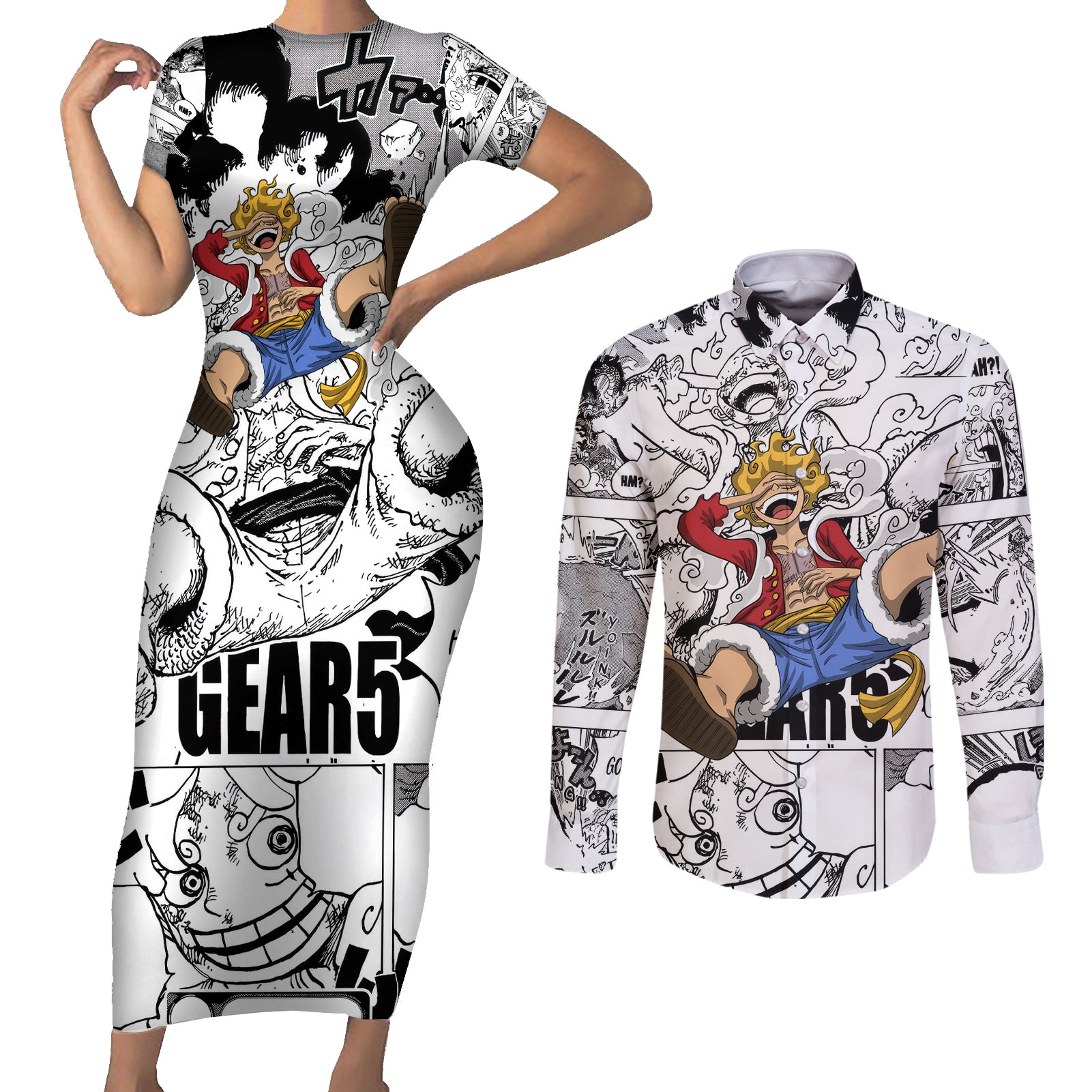 Luffy Gear 5 Awakening - One Piece Couples Matching Short Sleeve Bodycon Dress and Long Sleeve Button Shirt Anime Mix Manga Style