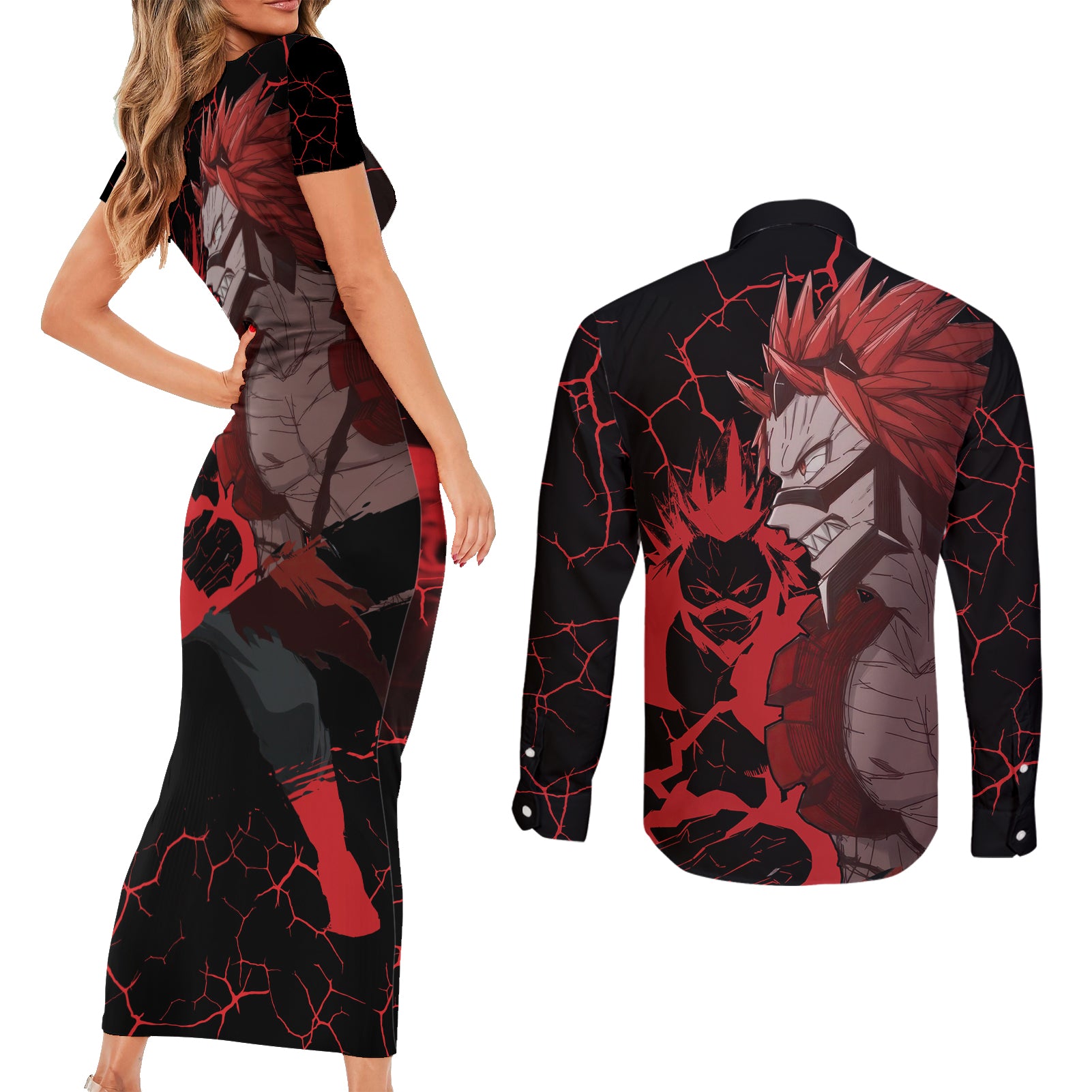 Eijiro Kirishima - My Hero Academia Couples Matching Short Sleeve Bodycon Dress and Long Sleeve Button Shirt Anime Style
