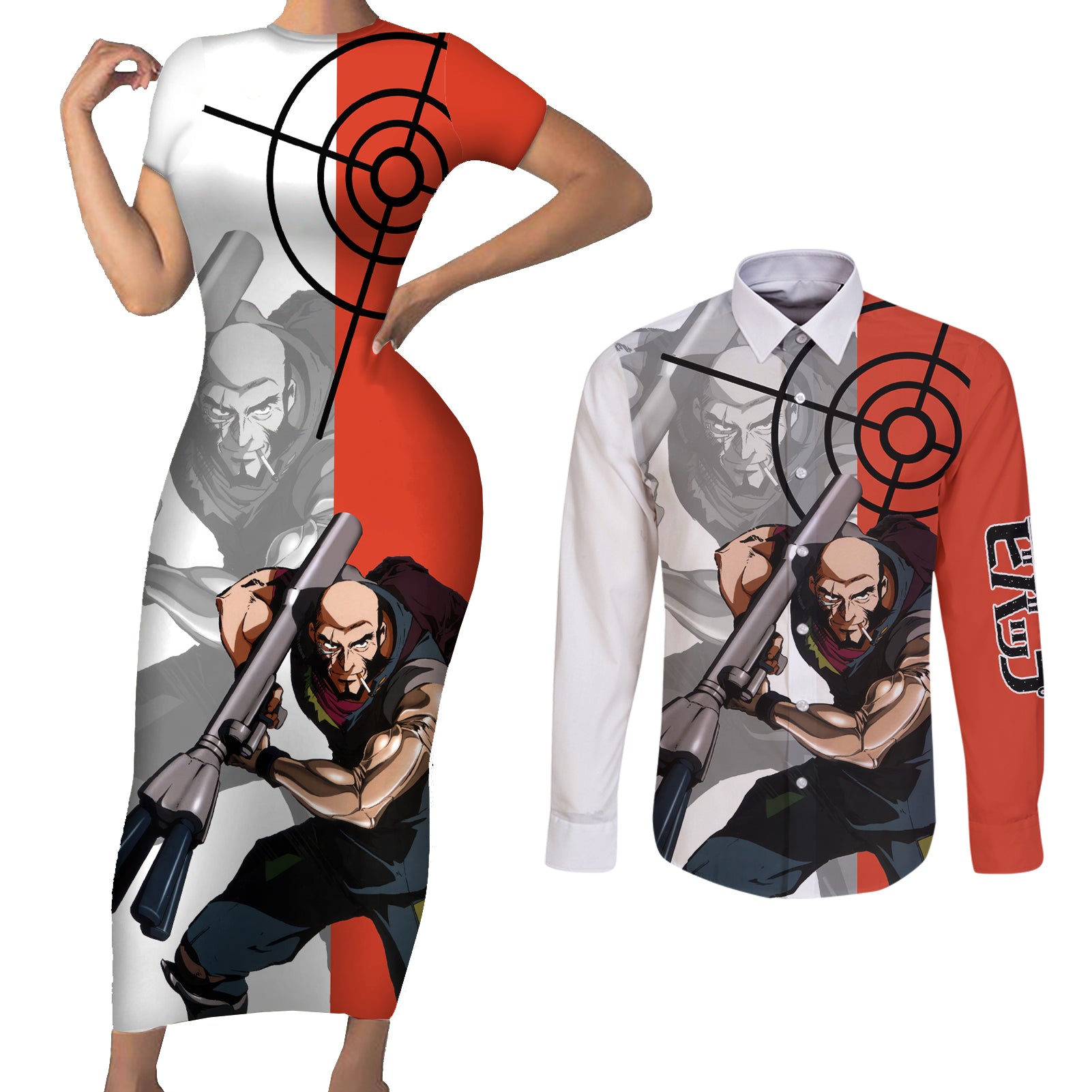 Jet Black Cowboy Bebop Couples Matching Short Sleeve Bodycon Dress and Long Sleeve Button Shirt Anime Style