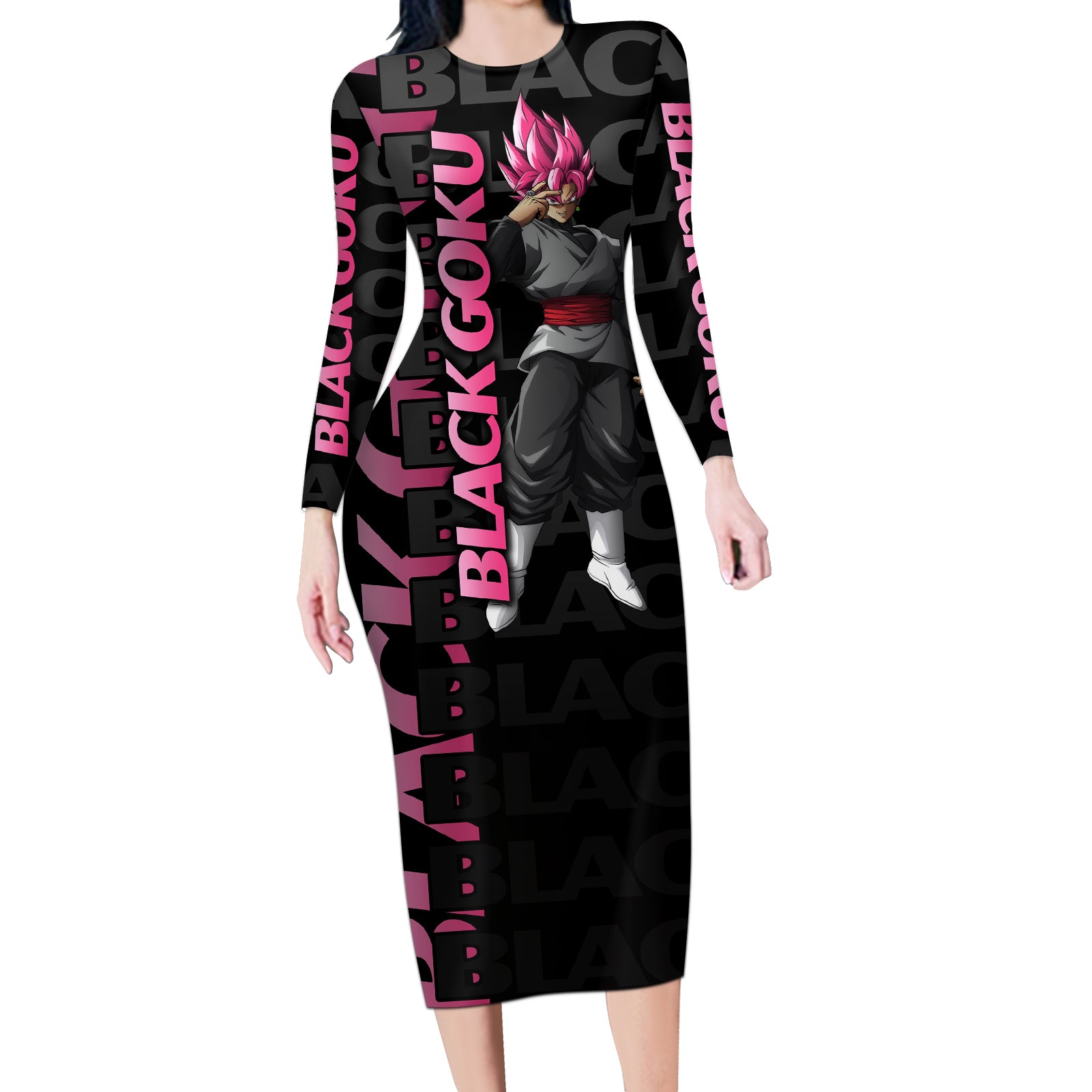 Black Goku Long Sleeve Bodycon Dress Anime Mix Text Pattern Abstract Style