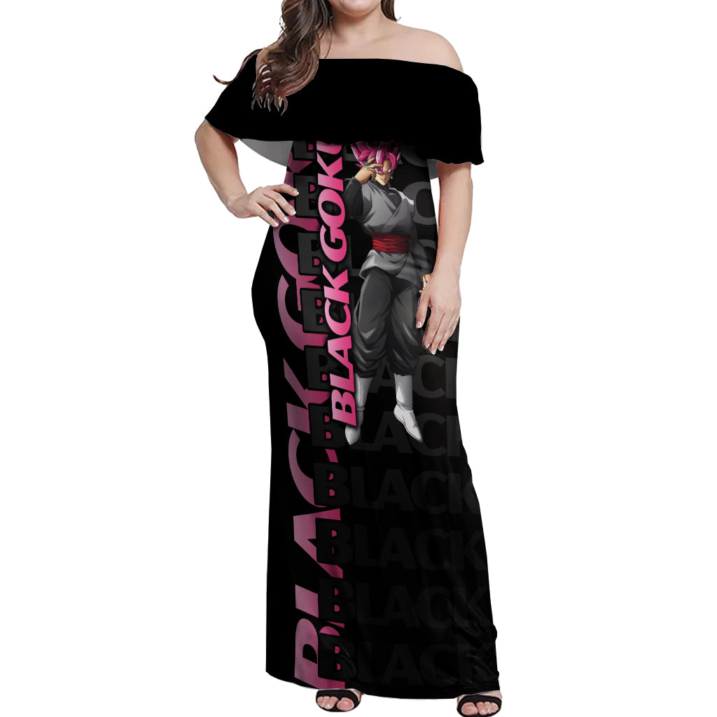 Black Goku Off Shoulder Maxi Dress Anime Mix Text Pattern Abstract Style