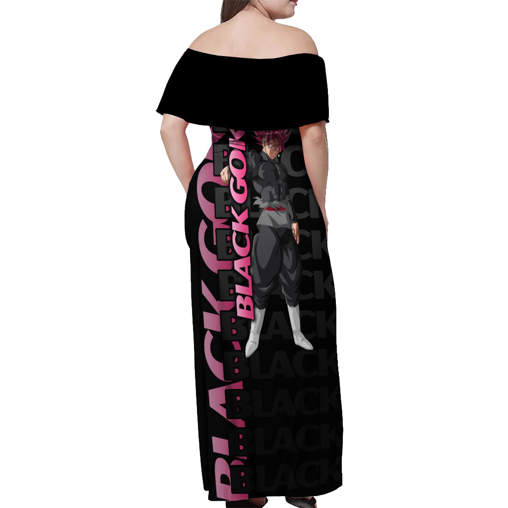 Black Goku Off Shoulder Maxi Dress Anime Mix Text Pattern Abstract Style