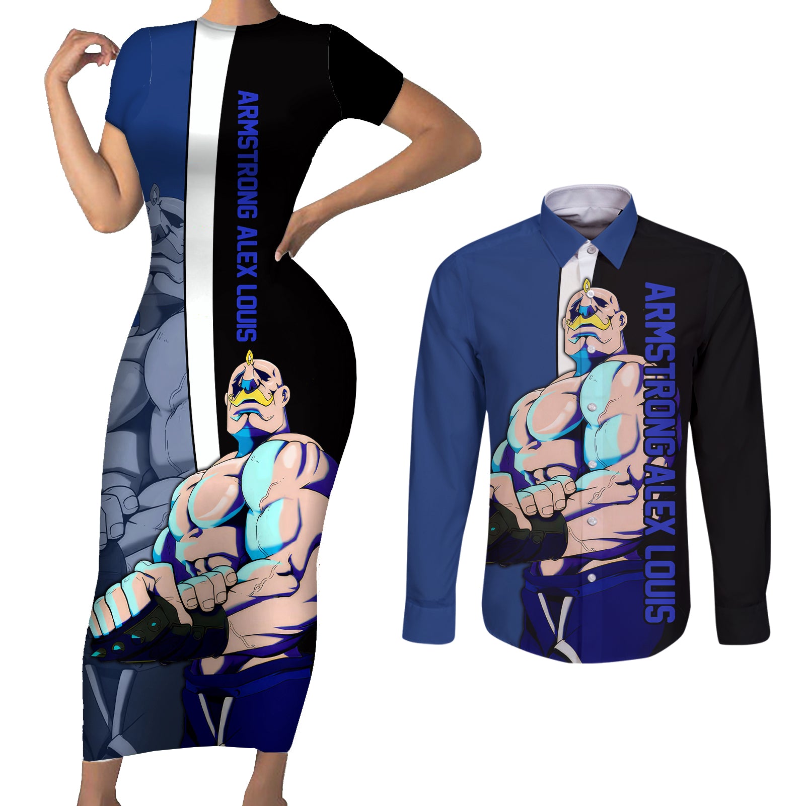 Armstrong Alex Louis - Fullmetal Alchemist Couples Matching Short Sleeve Bodycon Dress and Long Sleeve Button Shirt Anime Style