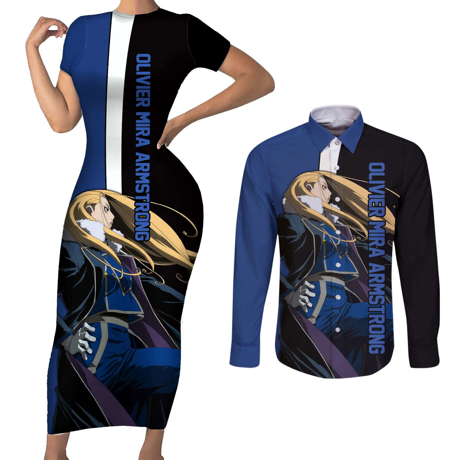 Armstrong Olivier Mira - Fullmetal Alchemist Couples Matching Short Sleeve Bodycon Dress and Long Sleeve Button Shirt Anime Style