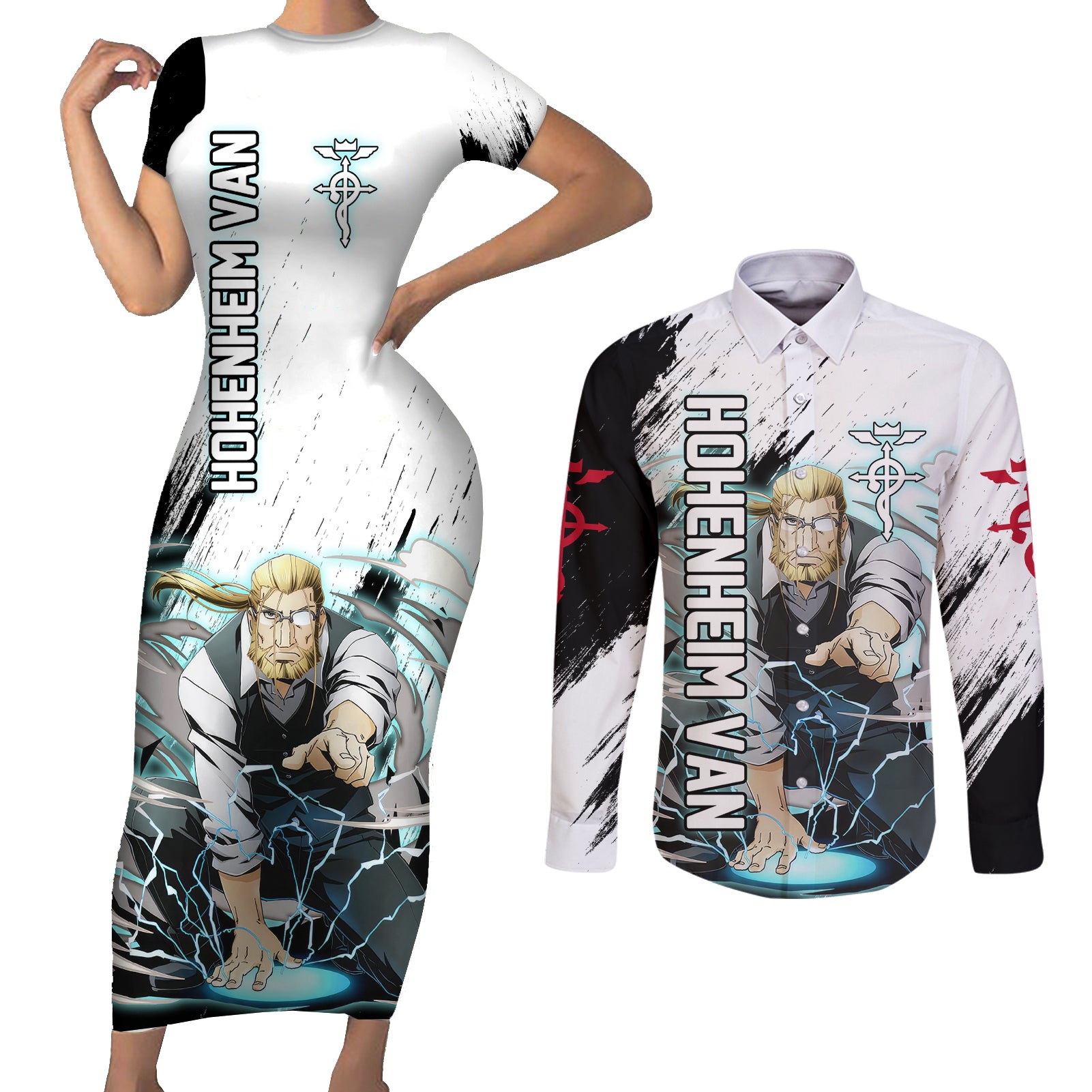 Hohenheim Van - Fullmetal Alchemist Couples Matching Short Sleeve Bodycon Dress and Long Sleeve Button Shirt Anime Grunge Pattern Style
