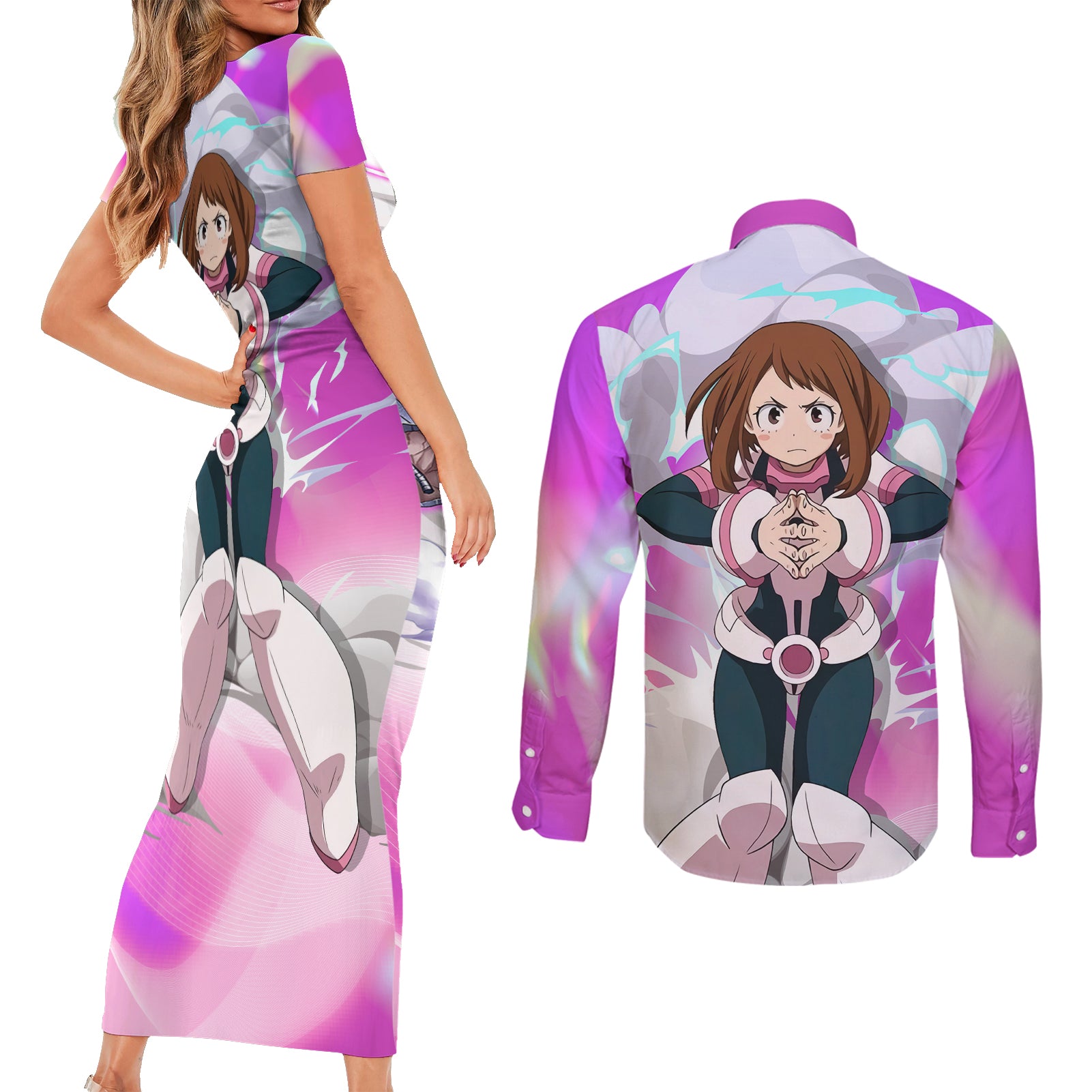 Ochako Uraraka Couples Matching Short Sleeve Bodycon Dress and Long Sleeve Button Shirt Anime Style