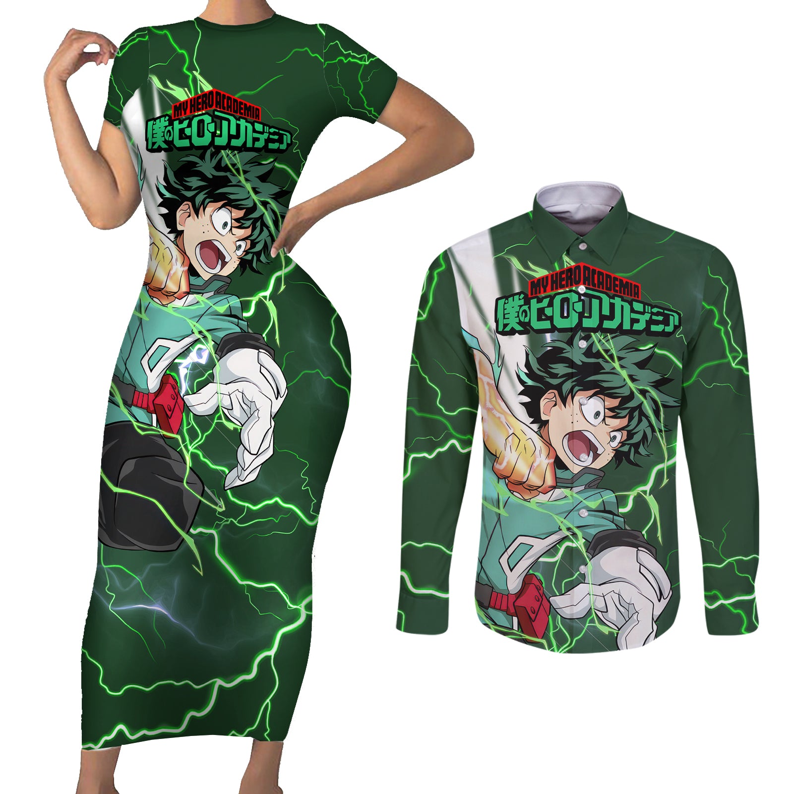 Izuku Midoriya Deku - My Hero Academia Couples Matching Short Sleeve Bodycon Dress and Long Sleeve Button Shirt Anime Style