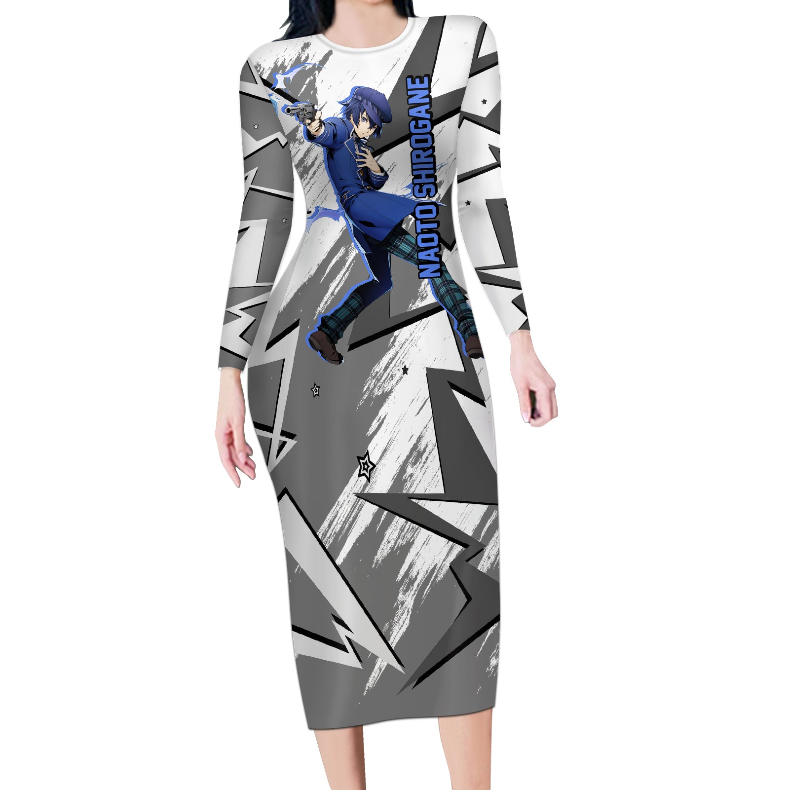 Naoto Shirogane Persona Long Sleeve Bodycon Dress Anime Mix Polygon Cyber Style