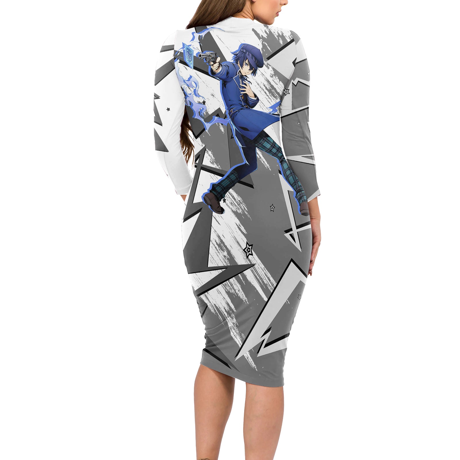 Naoto Shirogane Persona Long Sleeve Bodycon Dress Anime Mix Polygon Cyber Style