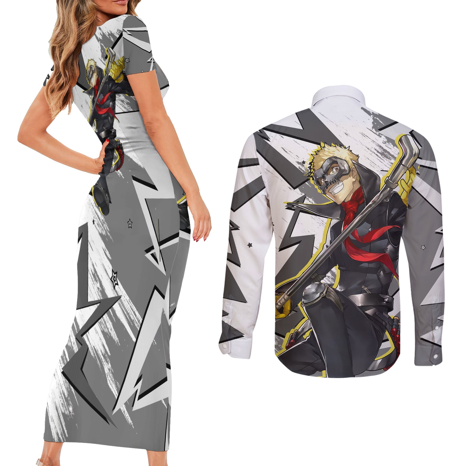 Ryuji Sakamoto Persona Couples Matching Short Sleeve Bodycon Dress and Long Sleeve Button Shirt Anime Mix Polygon Cyber Style