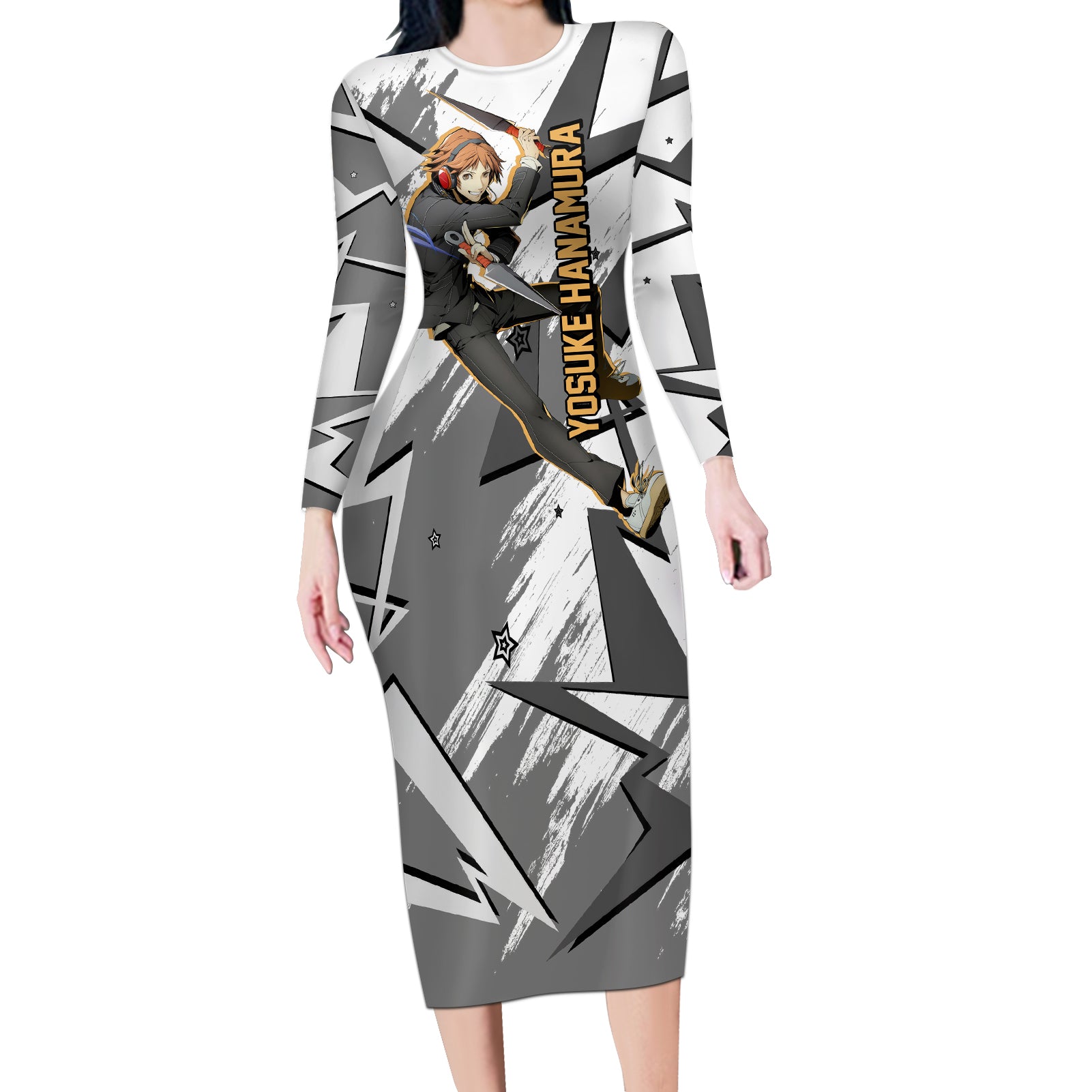 Yosuke Hanamura Persona Long Sleeve Bodycon Dress Anime Mix Polygon Cyber Style