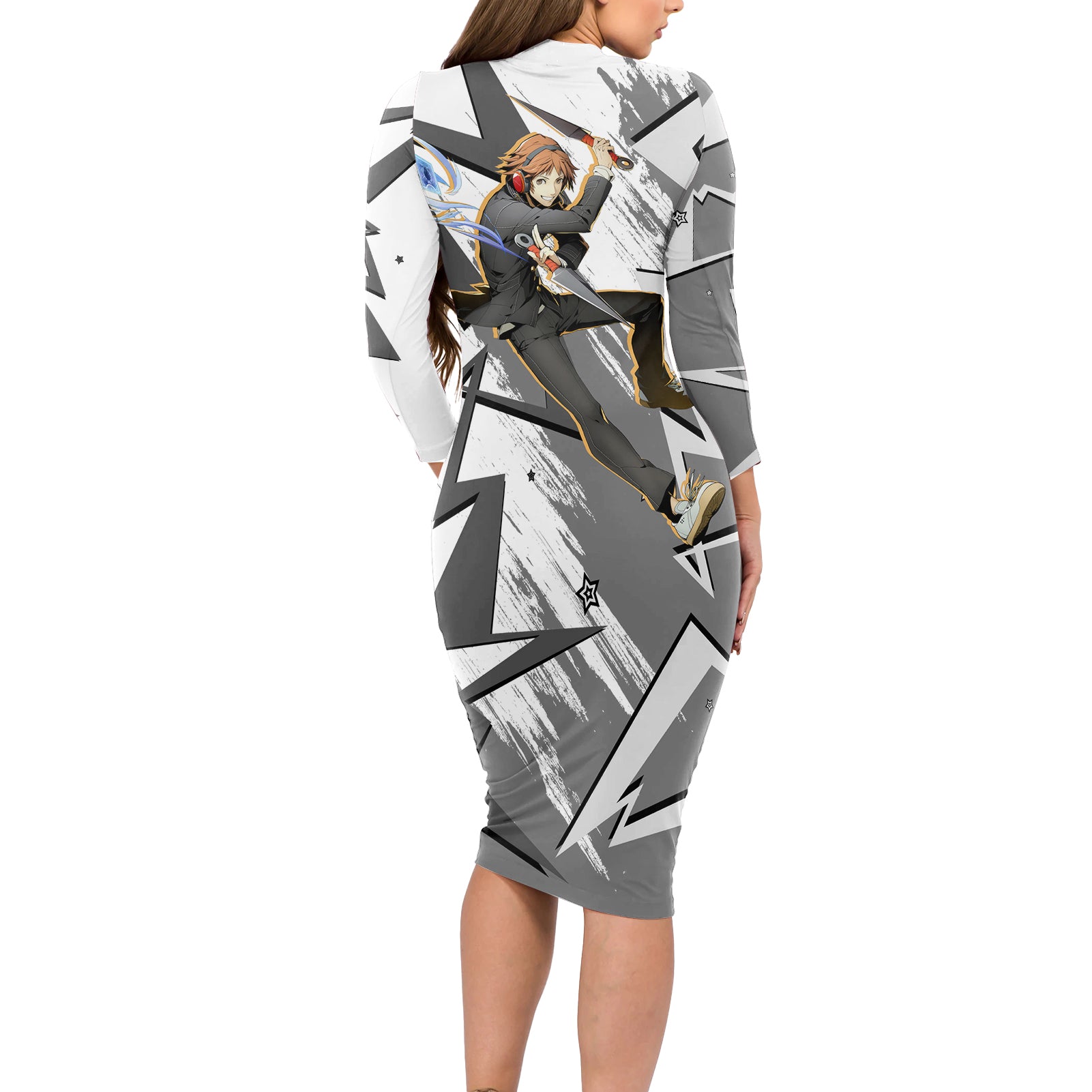 Yosuke Hanamura Persona Long Sleeve Bodycon Dress Anime Mix Polygon Cyber Style