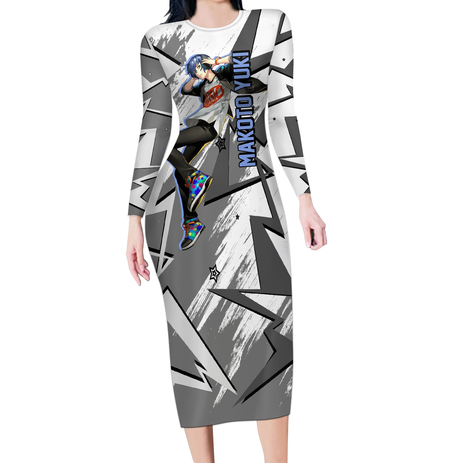 Makoto Yuki Long Sleeve Bodycon Dress Anime Mix Polygon Cyber Style