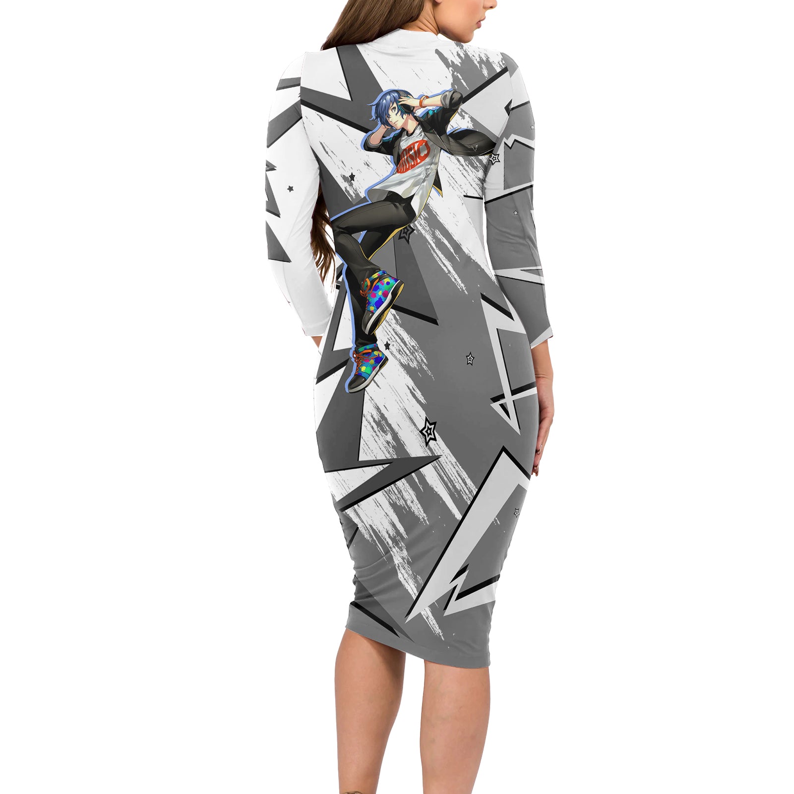 Makoto Yuki Long Sleeve Bodycon Dress Anime Mix Polygon Cyber Style