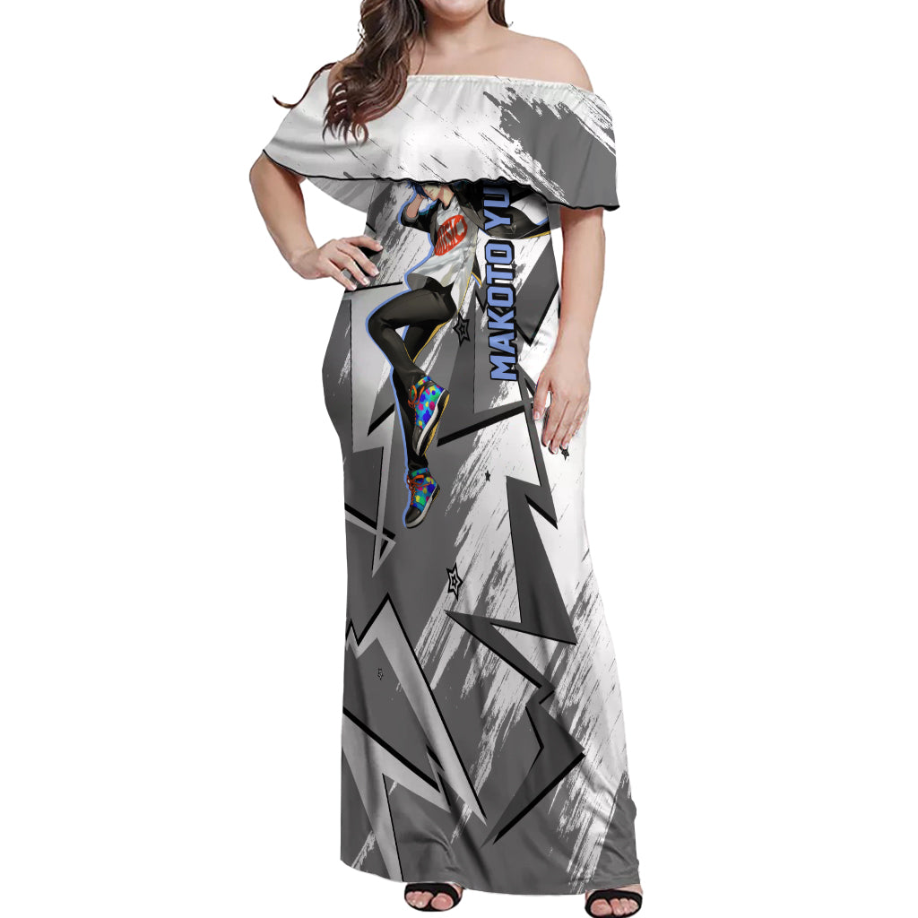 Makoto Yuki Off Shoulder Maxi Dress Anime Mix Polygon Cyber Style