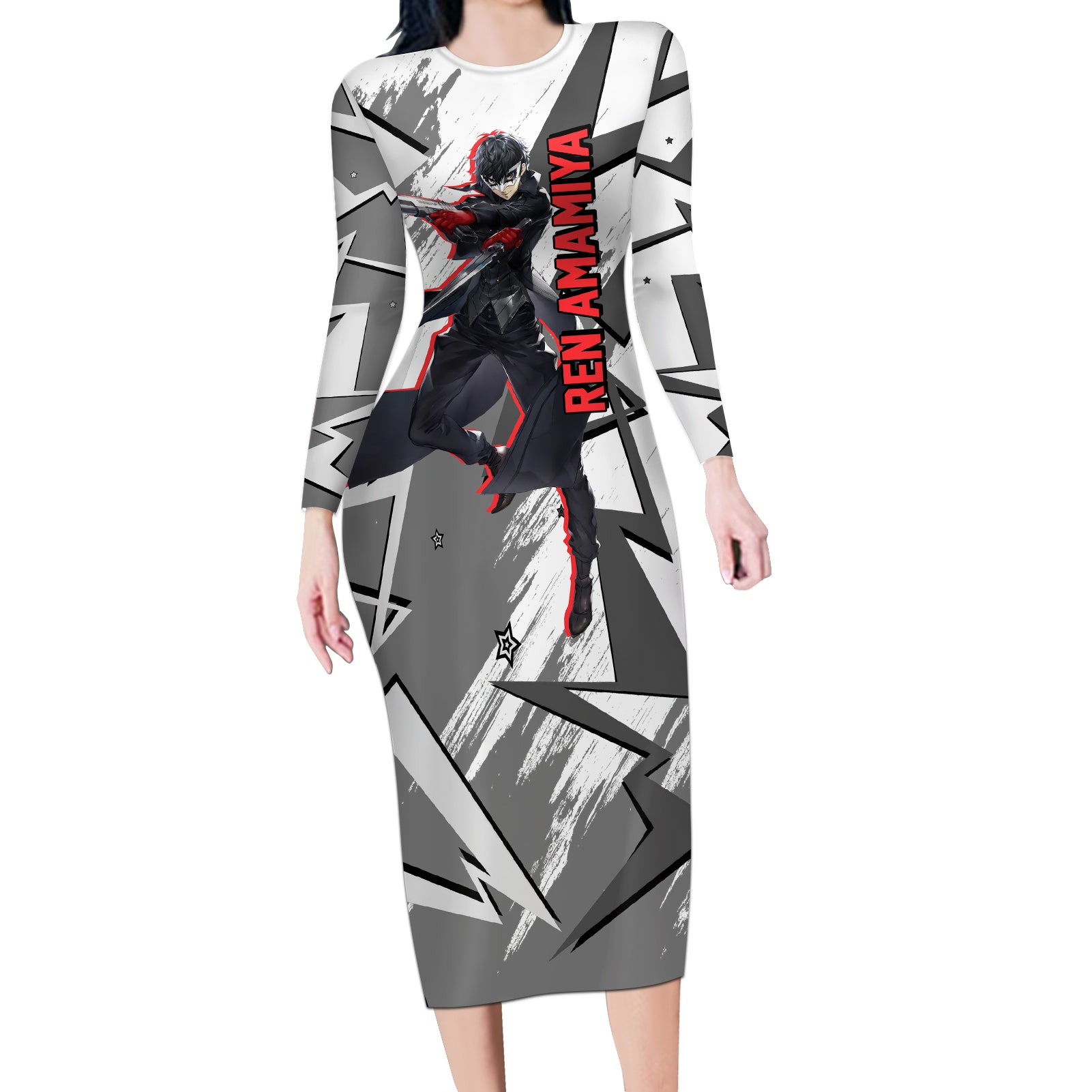 Joker Persona Long Sleeve Bodycon Dress Anime Mix Polygon Cyber Style