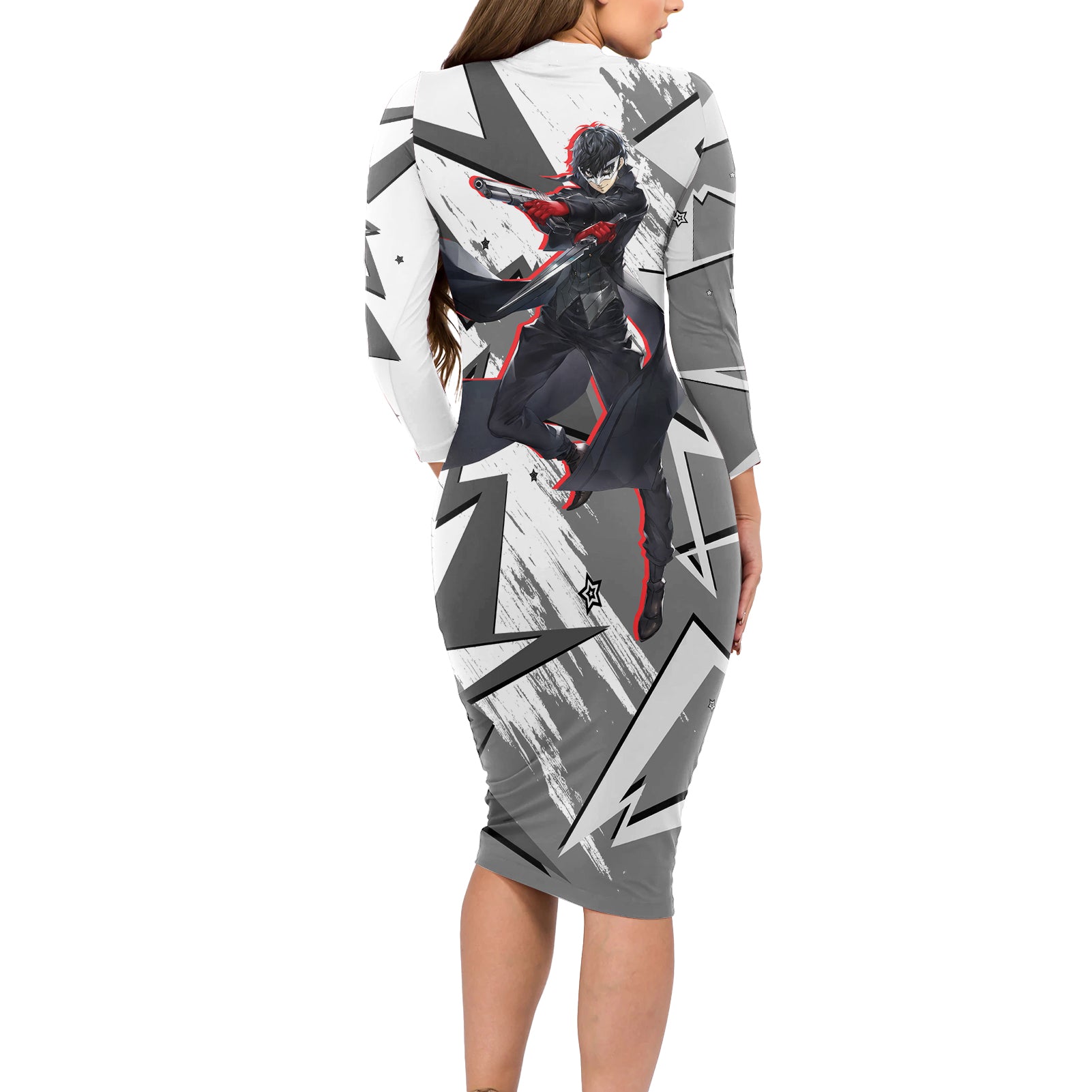 Joker Persona Long Sleeve Bodycon Dress Anime Mix Polygon Cyber Style