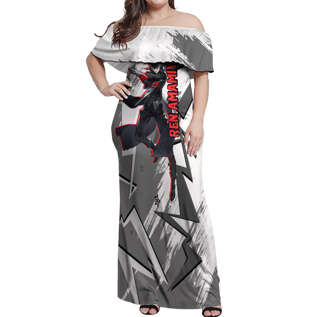Joker Persona Off Shoulder Maxi Dress Anime Mix Polygon Cyber Style