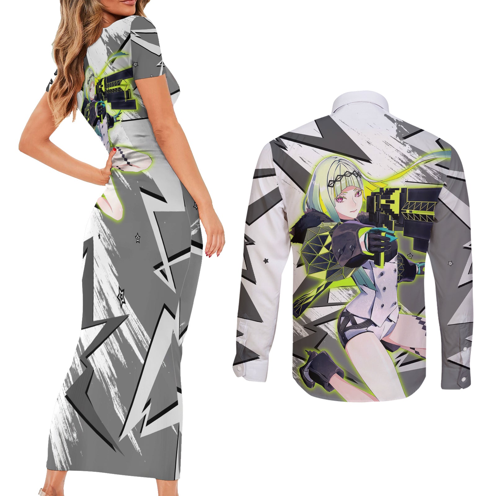Ringo Persona Couples Matching Short Sleeve Bodycon Dress and Long Sleeve Button Shirt Anime Mix Polygon Cyber Style