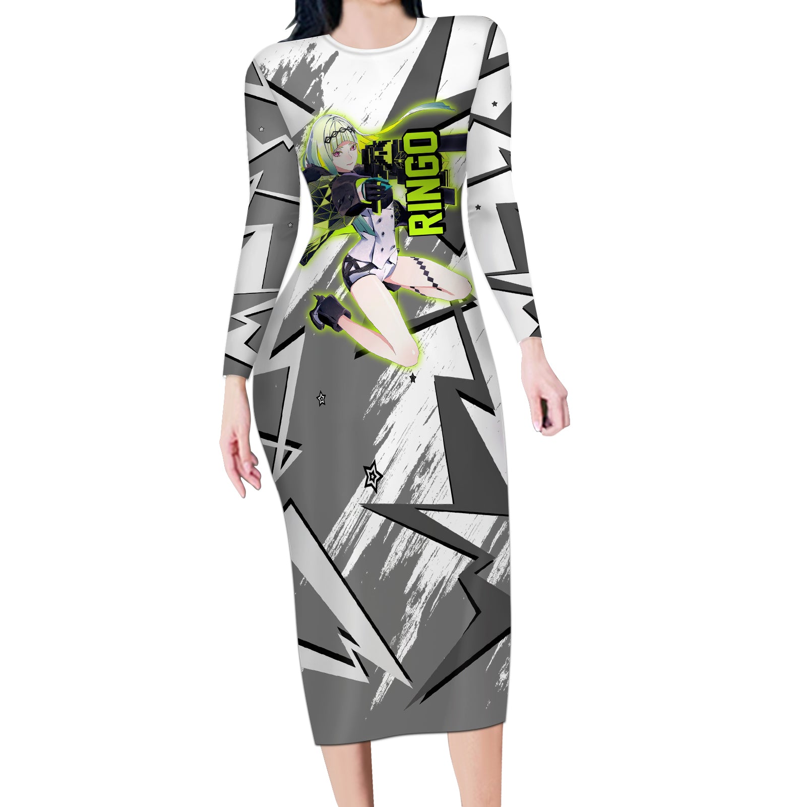 Ringo Persona Long Sleeve Bodycon Dress Anime Mix Polygon Cyber Style