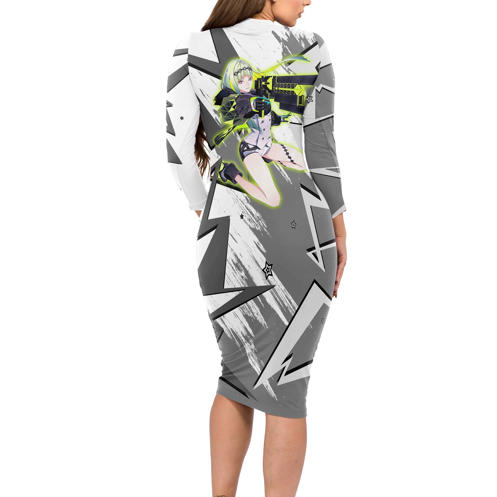 Ringo Persona Long Sleeve Bodycon Dress Anime Mix Polygon Cyber Style