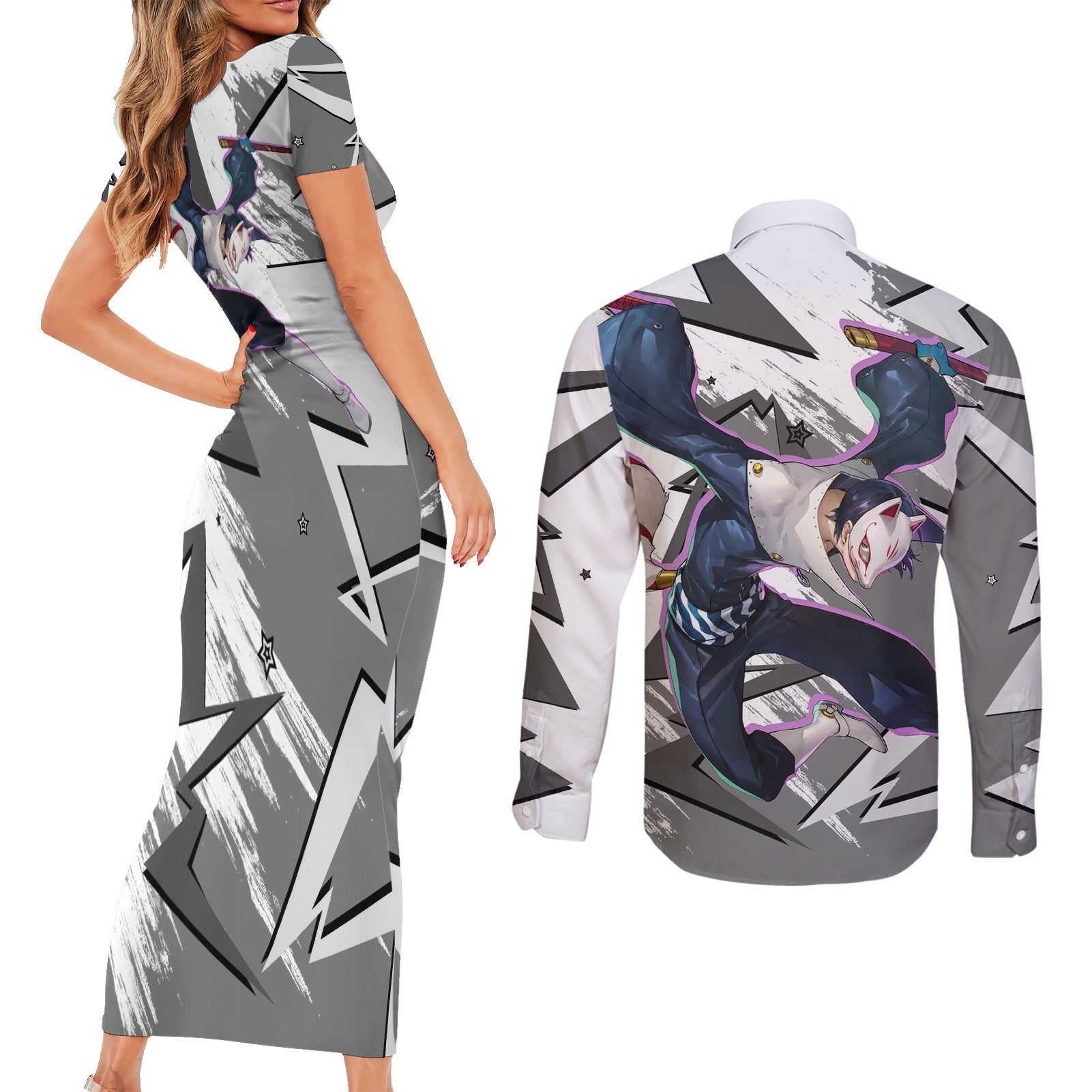 Yusuke Kitagawa Persona Couples Matching Short Sleeve Bodycon Dress and Long Sleeve Button Shirt Anime Mix Polygon Cyber Style