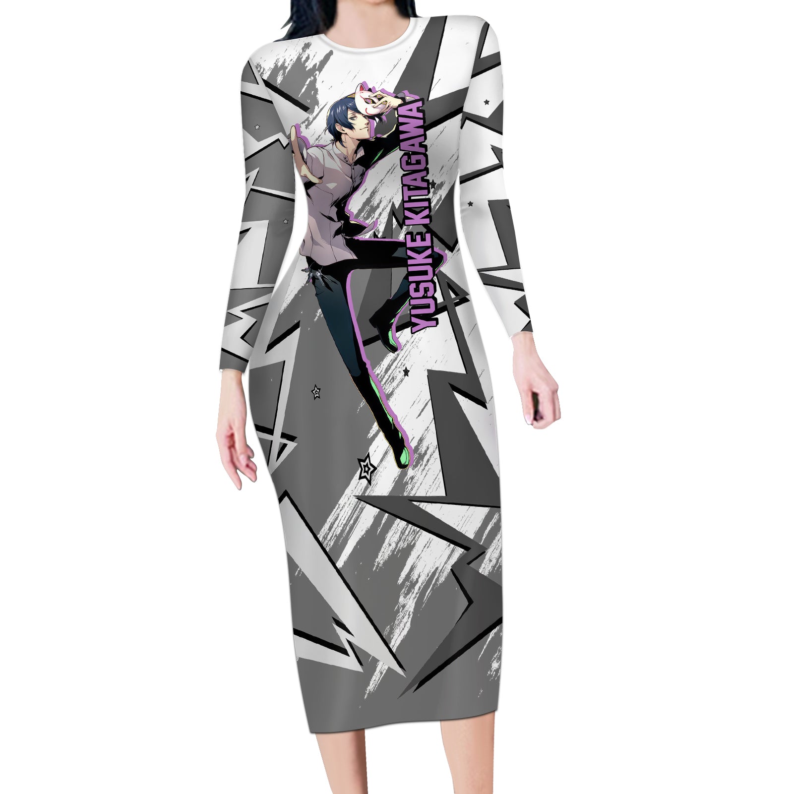 Yusuke Kitagawa Persona Long Sleeve Bodycon Dress Anime Mix Polygon Cyber Style