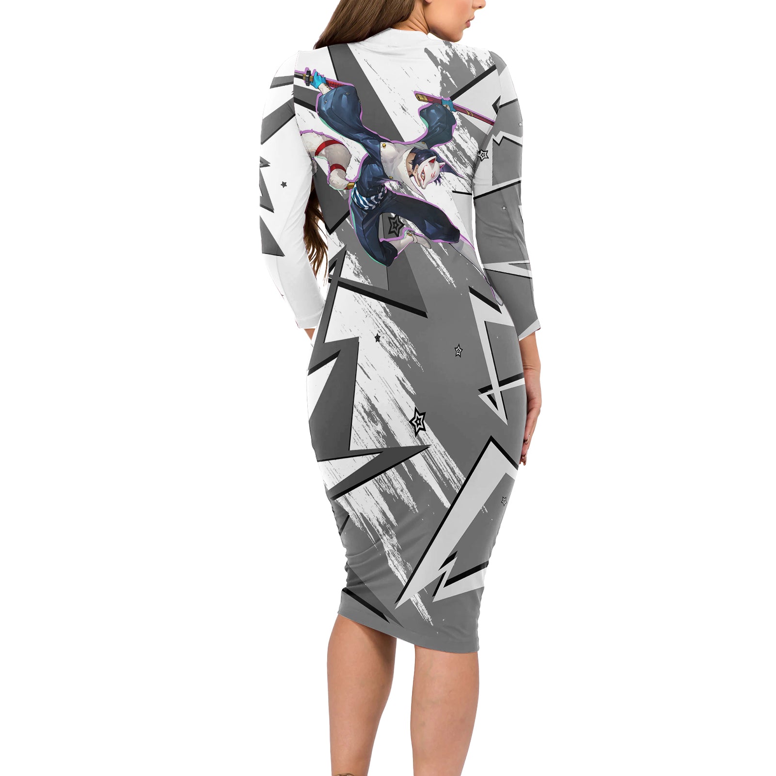 Yusuke Kitagawa Persona Long Sleeve Bodycon Dress Anime Mix Polygon Cyber Style