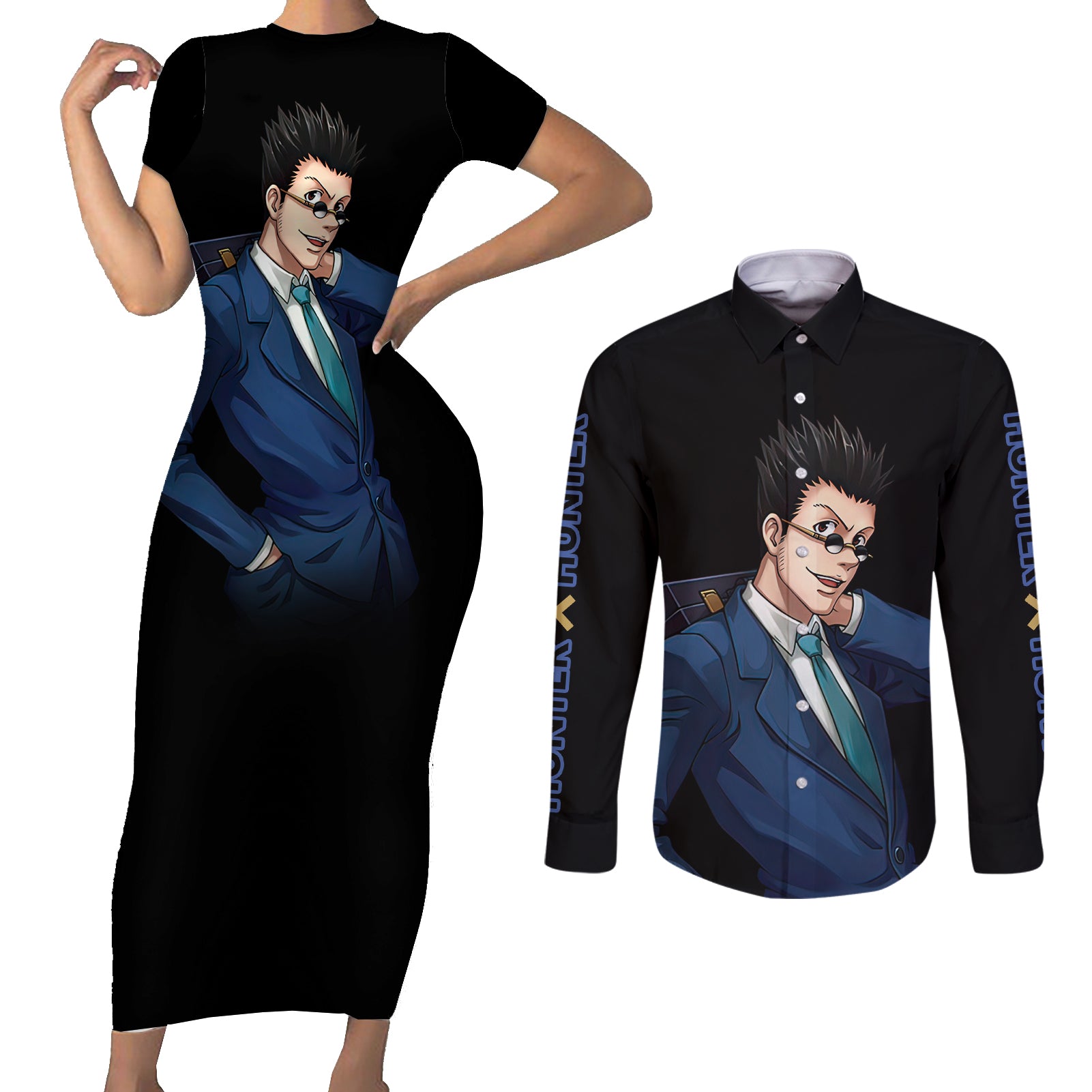 Leorio Paladinight Couples Matching Short Sleeve Bodycon Dress and Long Sleeve Button Shirt Hunter X Hunter