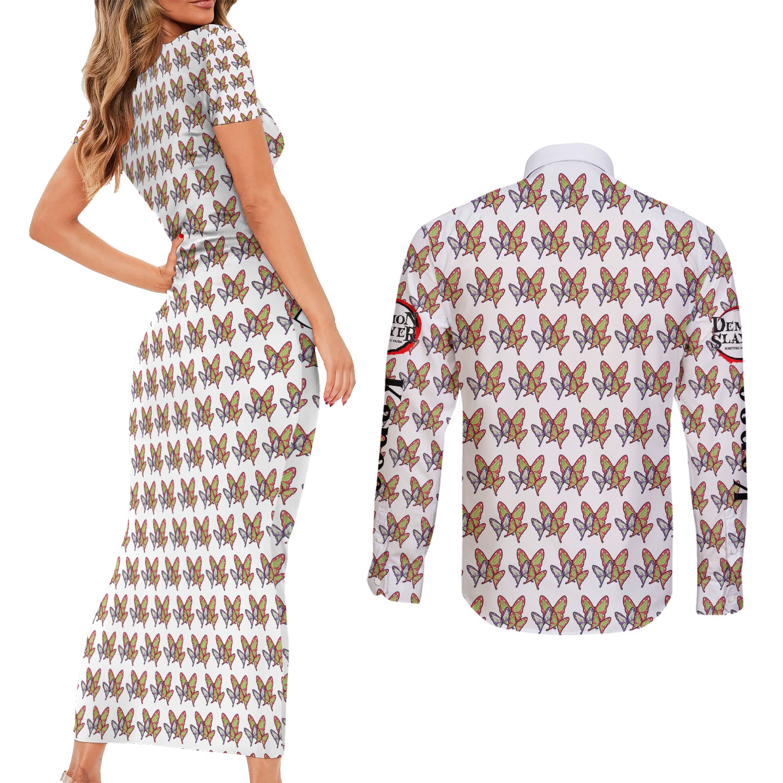 Kanao Tsuyuri Couples Matching Short Sleeve Bodycon Dress and Long Sleeve Button Shirt Demon Slayer