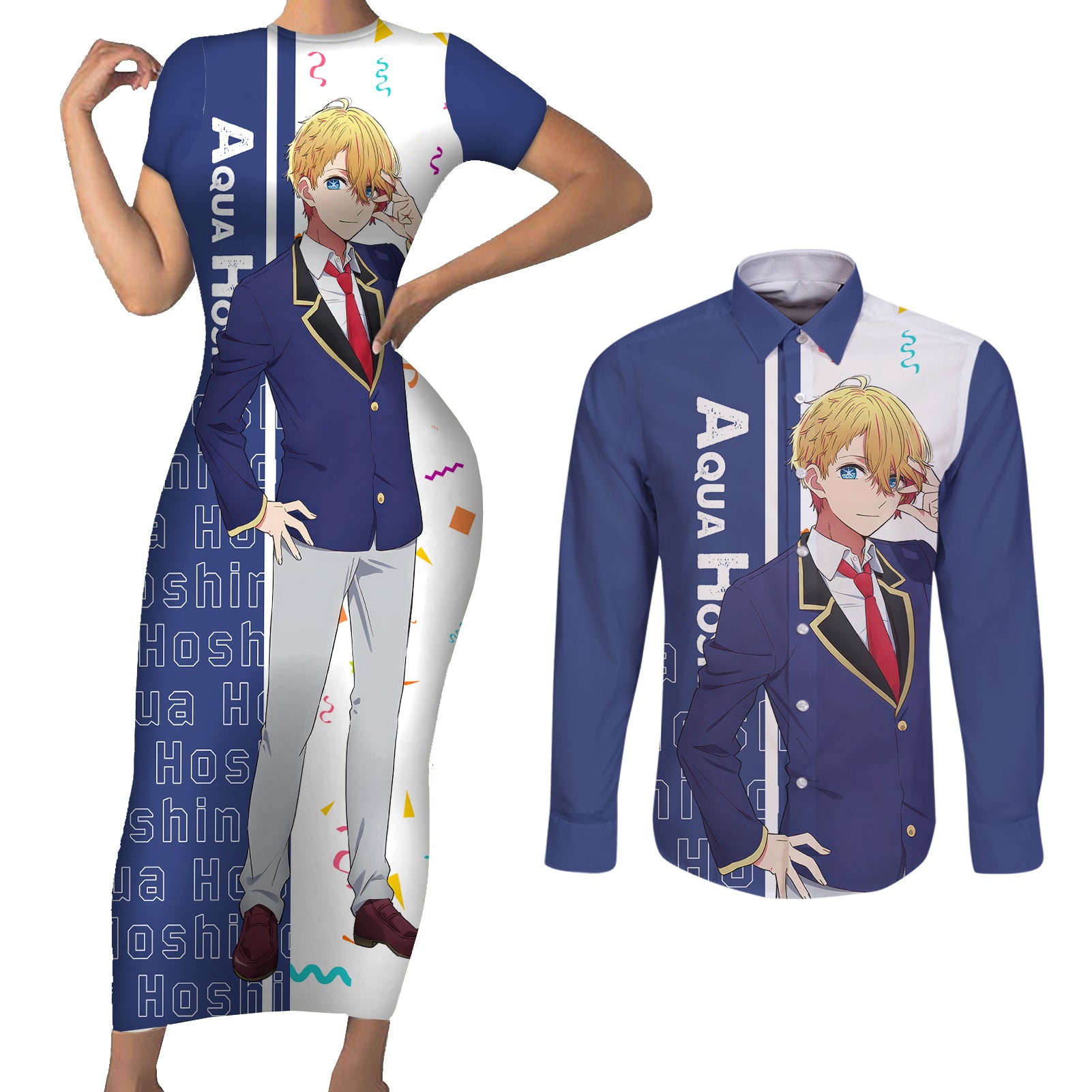 Aquamarine Hoshino - Oshi no Ko Couples Matching Short Sleeve Bodycon Dress and Long Sleeve Button Shirt Anime Style
