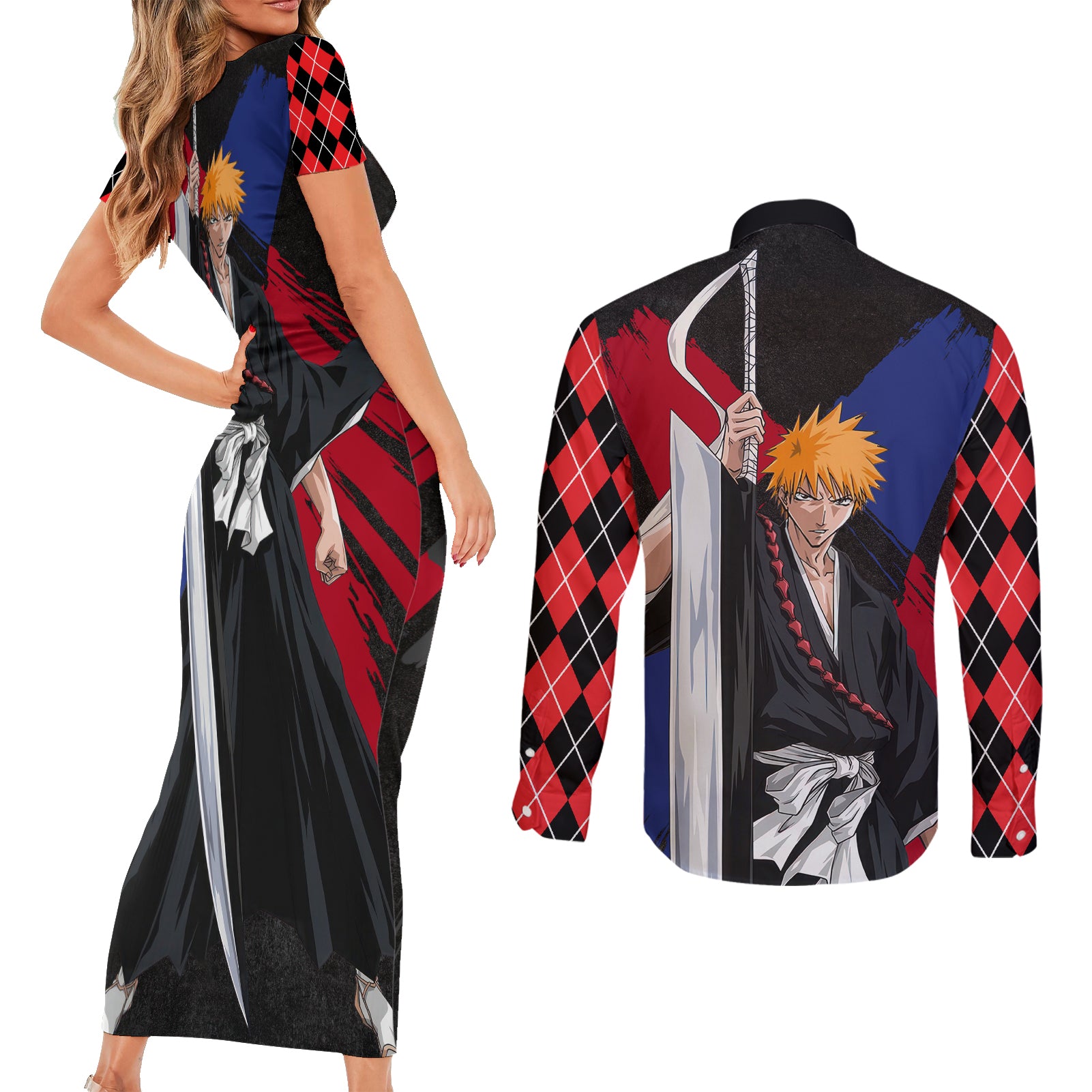 Ichigo Kurosaki Couples Matching Short Sleeve Bodycon Dress and Long Sleeve Button Shirt Anime Style