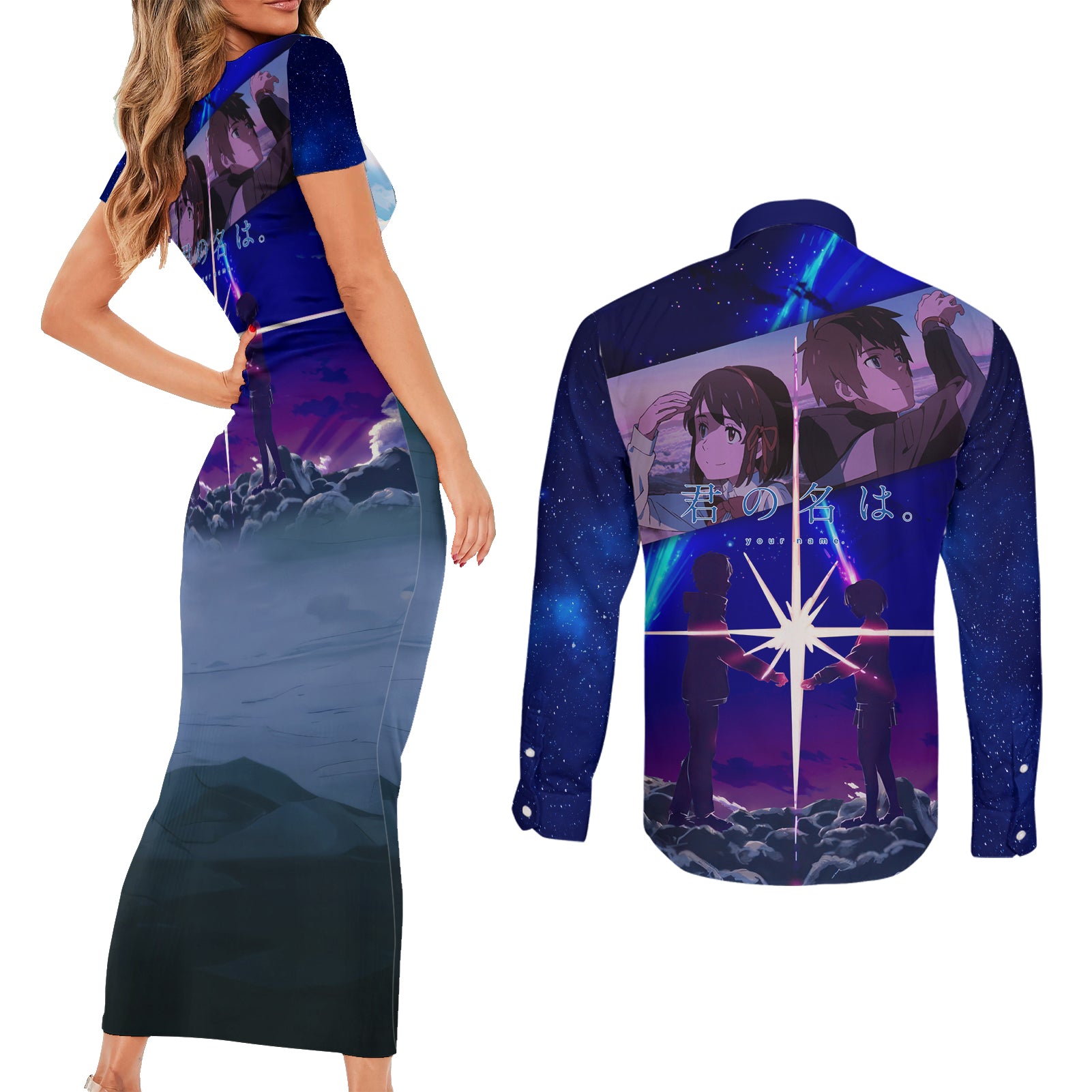 Your Name Hoodie Kimi no Na wa Couples Matching Short Sleeve Bodycon Dress and Long Sleeve Button Shirt Anime Style