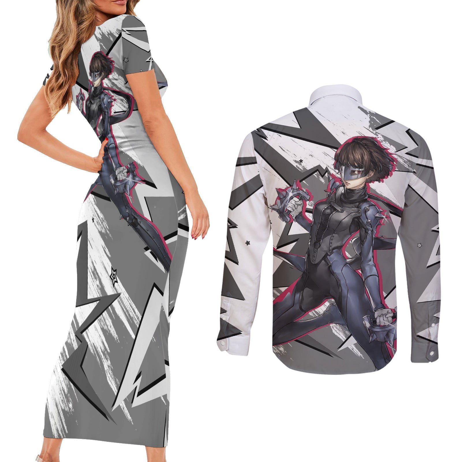 Makoto Niijima Persona Couples Matching Short Sleeve Bodycon Dress and Long Sleeve Button Shirt Anime Mix Polygon Cyber Style