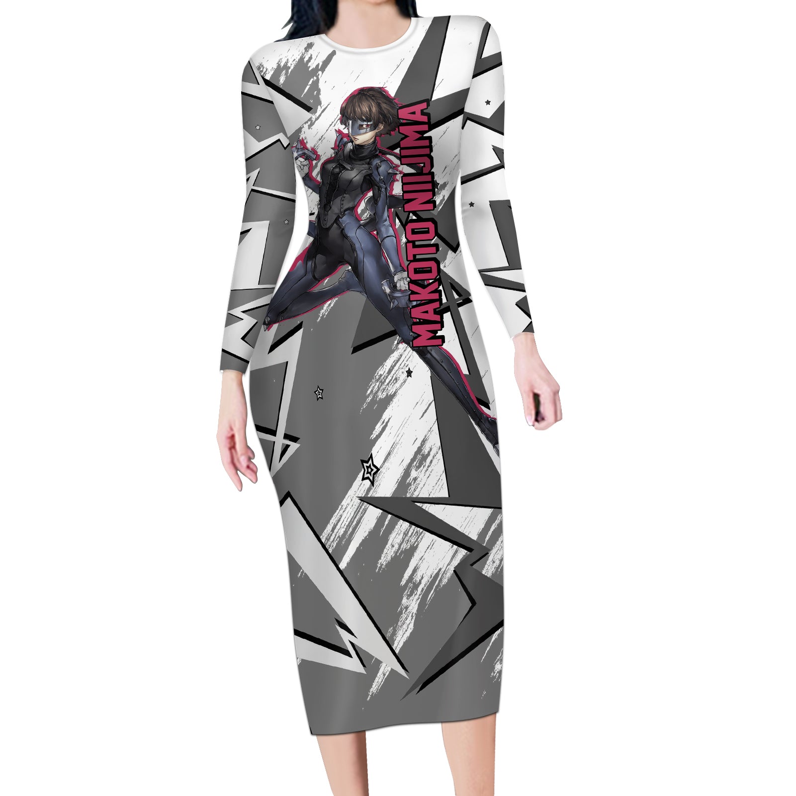 Makoto Niijima Persona Long Sleeve Bodycon Dress Anime Mix Polygon Cyber Style