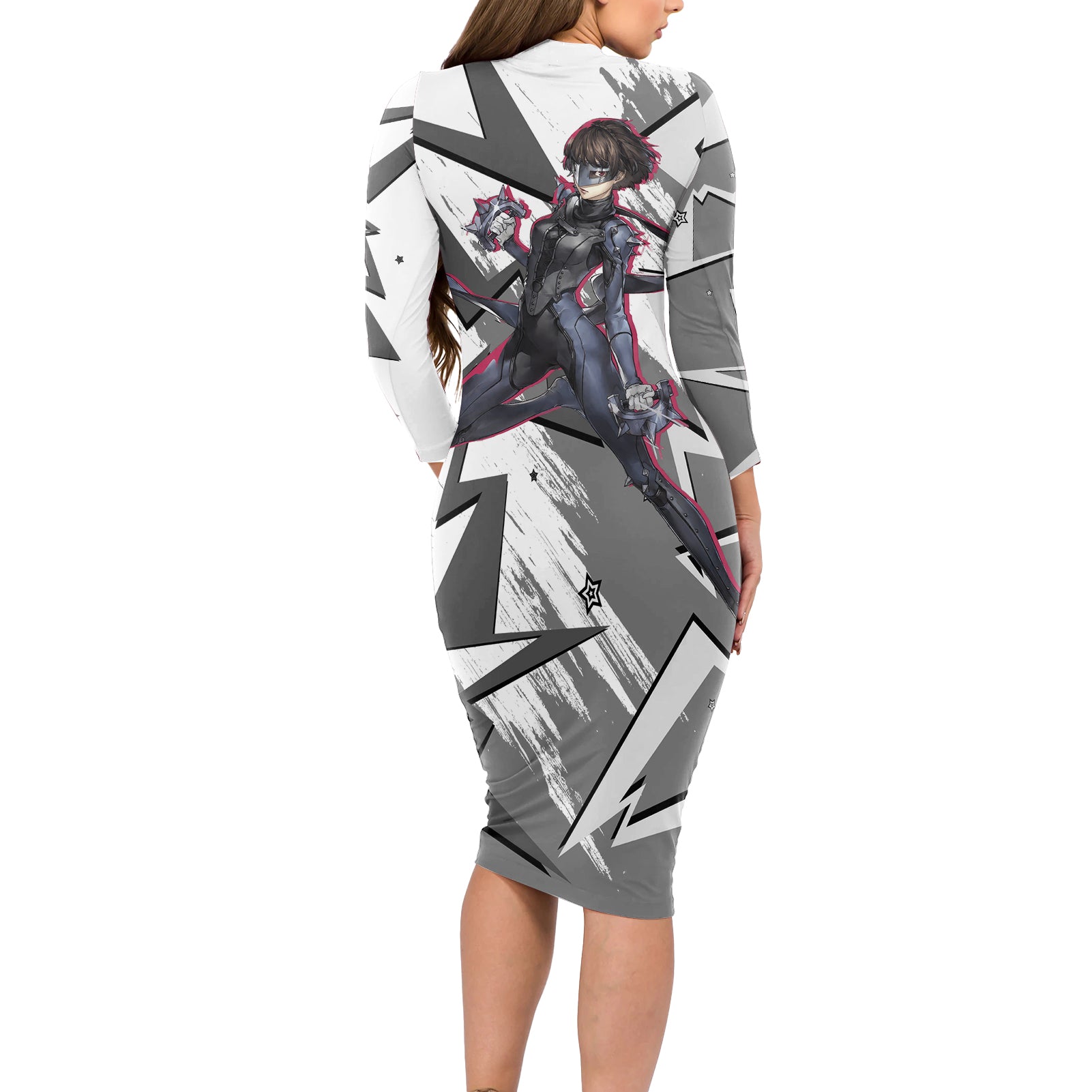 Makoto Niijima Persona Long Sleeve Bodycon Dress Anime Mix Polygon Cyber Style