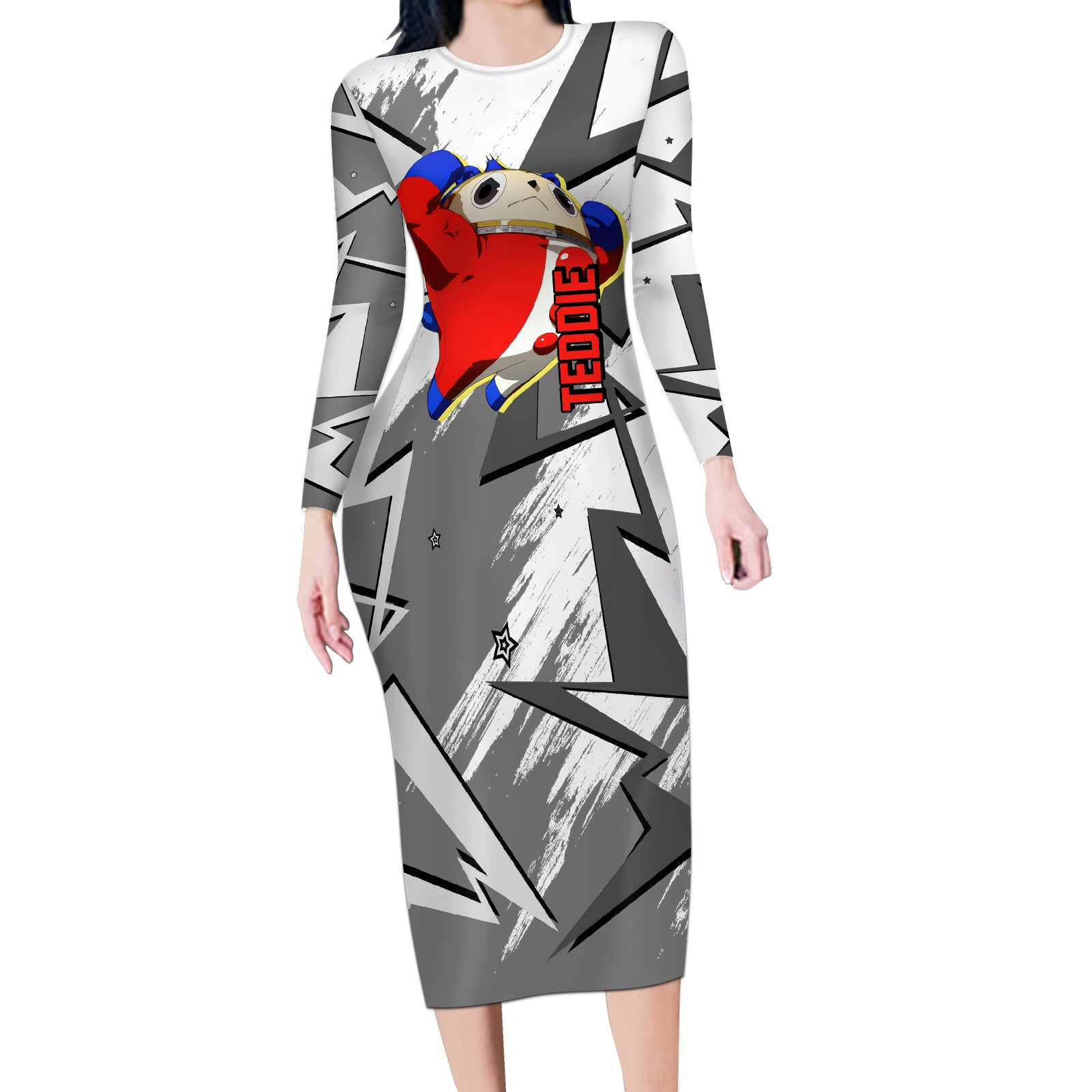 Teddie Persona Long Sleeve Bodycon Dress Anime Mix Polygon Cyber Style